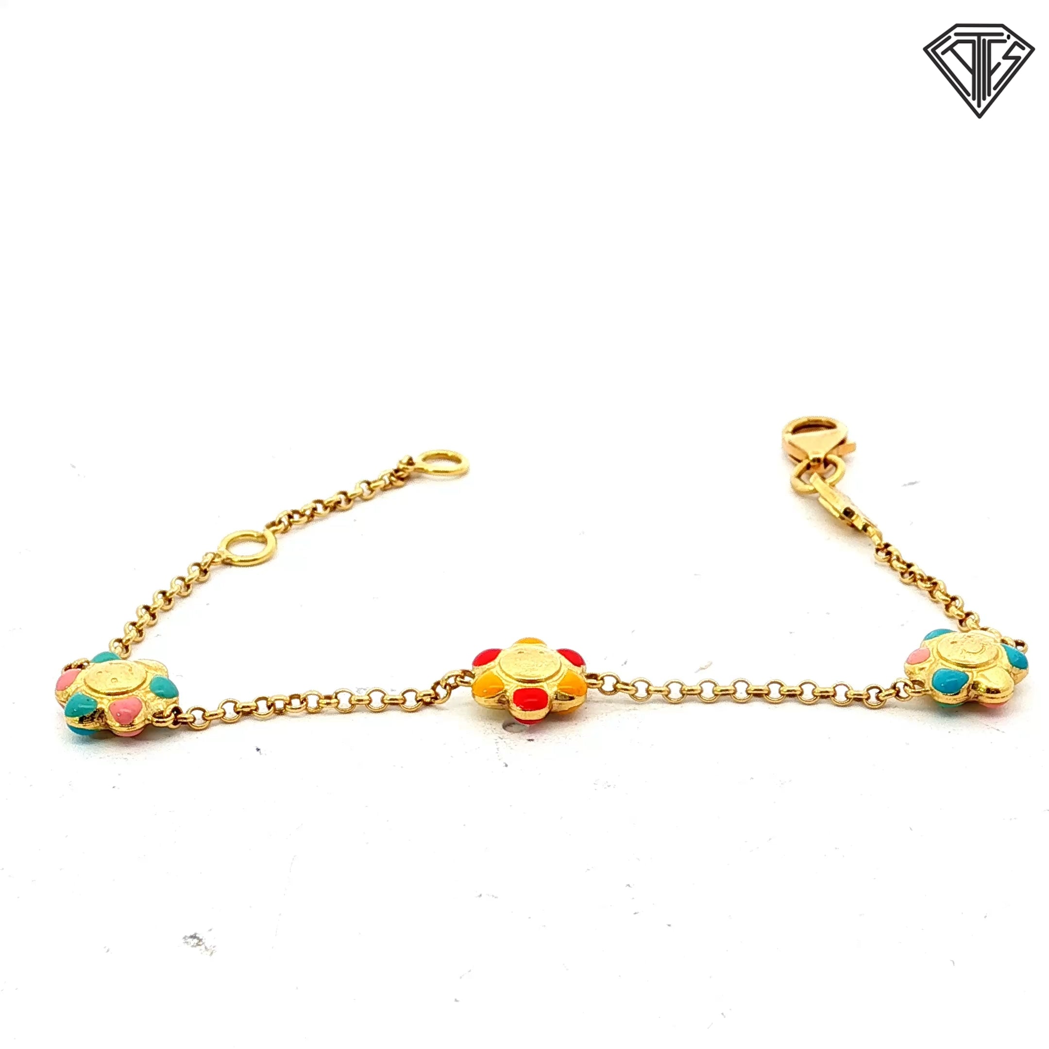 18k Yellow Gold Flower Enamel Baby Bracelet 2.6 gram 5"inch