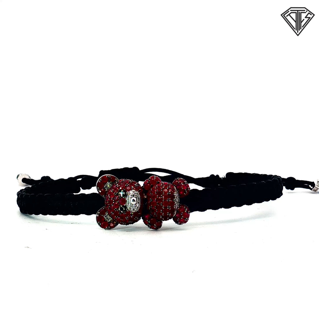 18k White Gold  Round Ruby and Round Diamond Teddy Bear Cord Bracelet Design By Pippo Perez