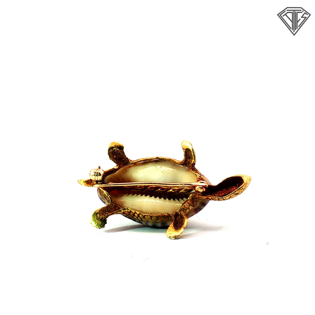 18k Yellow Gold Cherny Turtle Brooch with Sea Shell Back and Round Ruby Eye