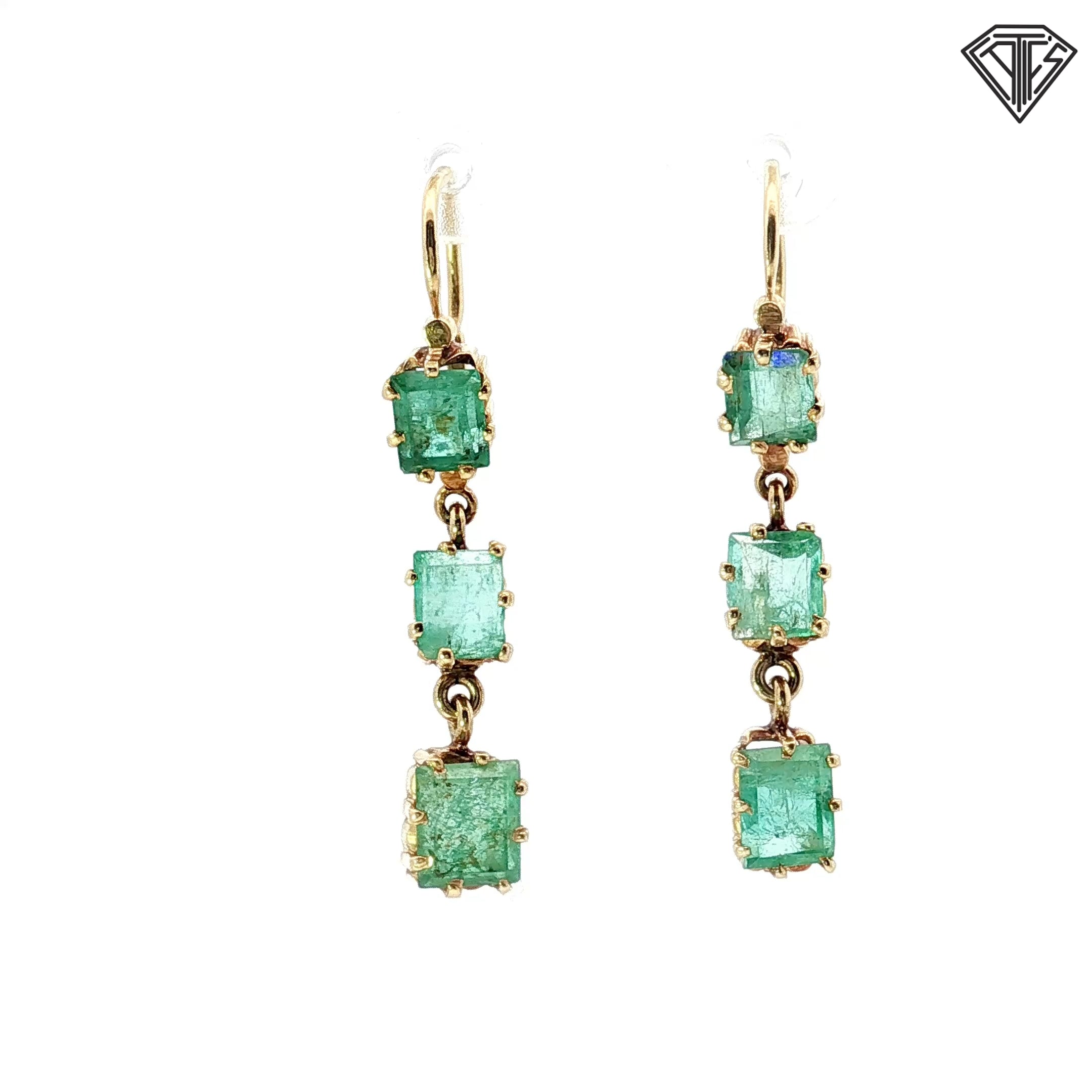 18k Yellow Gold 3.50ct Emerald Shape Emerald Dangle Earrings