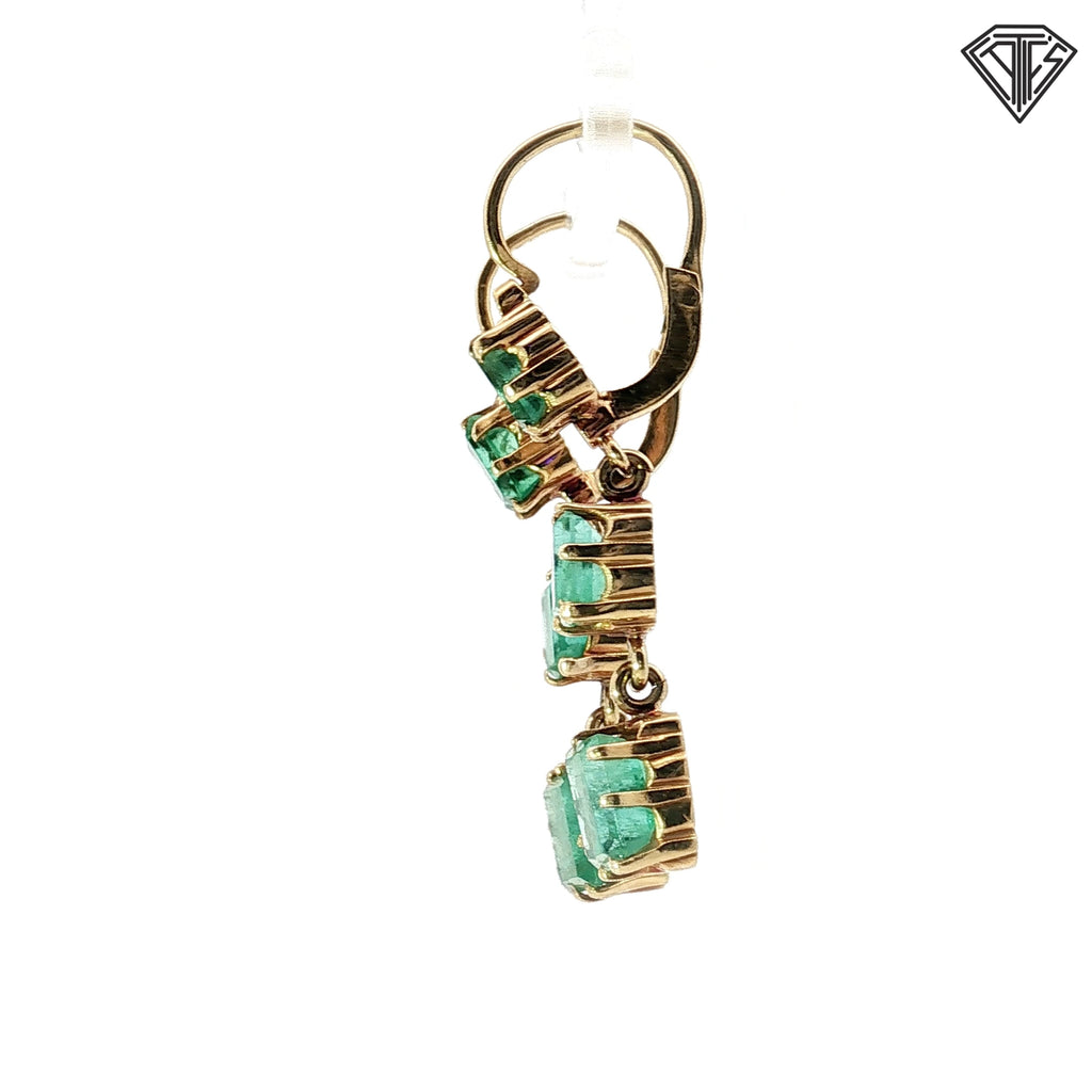 18k Yellow Gold 3.50ct Emerald Shape Emerald Dangle Earrings