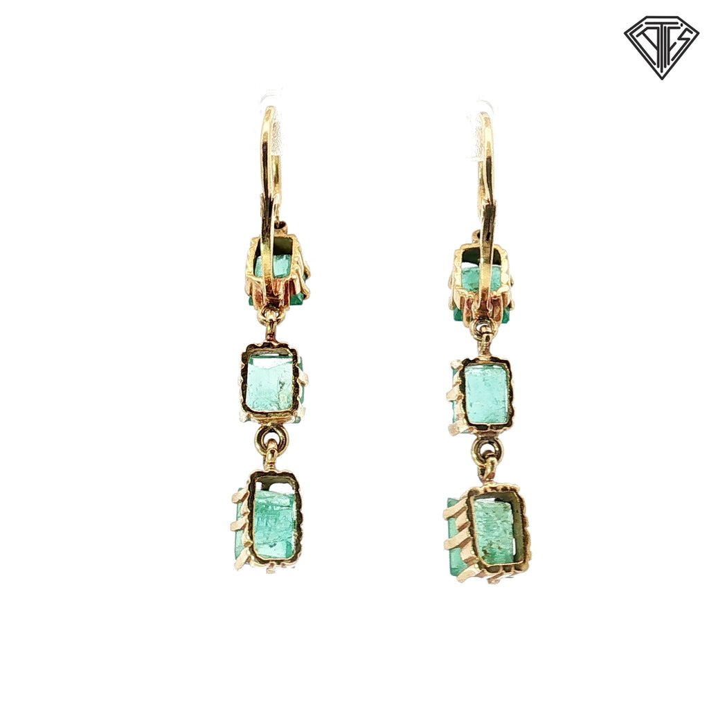 18k Yellow Gold 3.50ct Emerald Shape Emerald Dangle Earrings