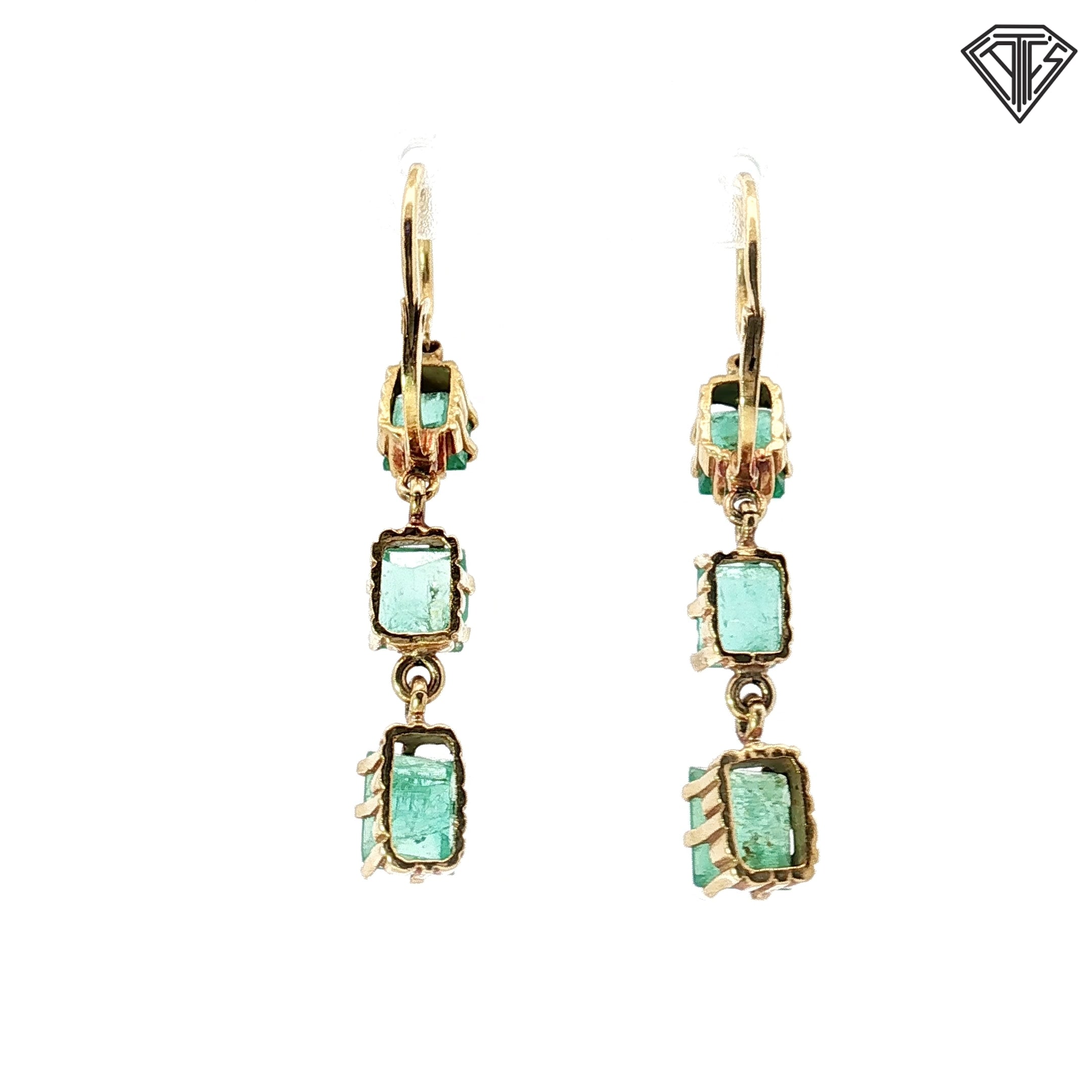18k Yellow Gold 3.50ct Emerald Shape Emerald Dangle Earrings