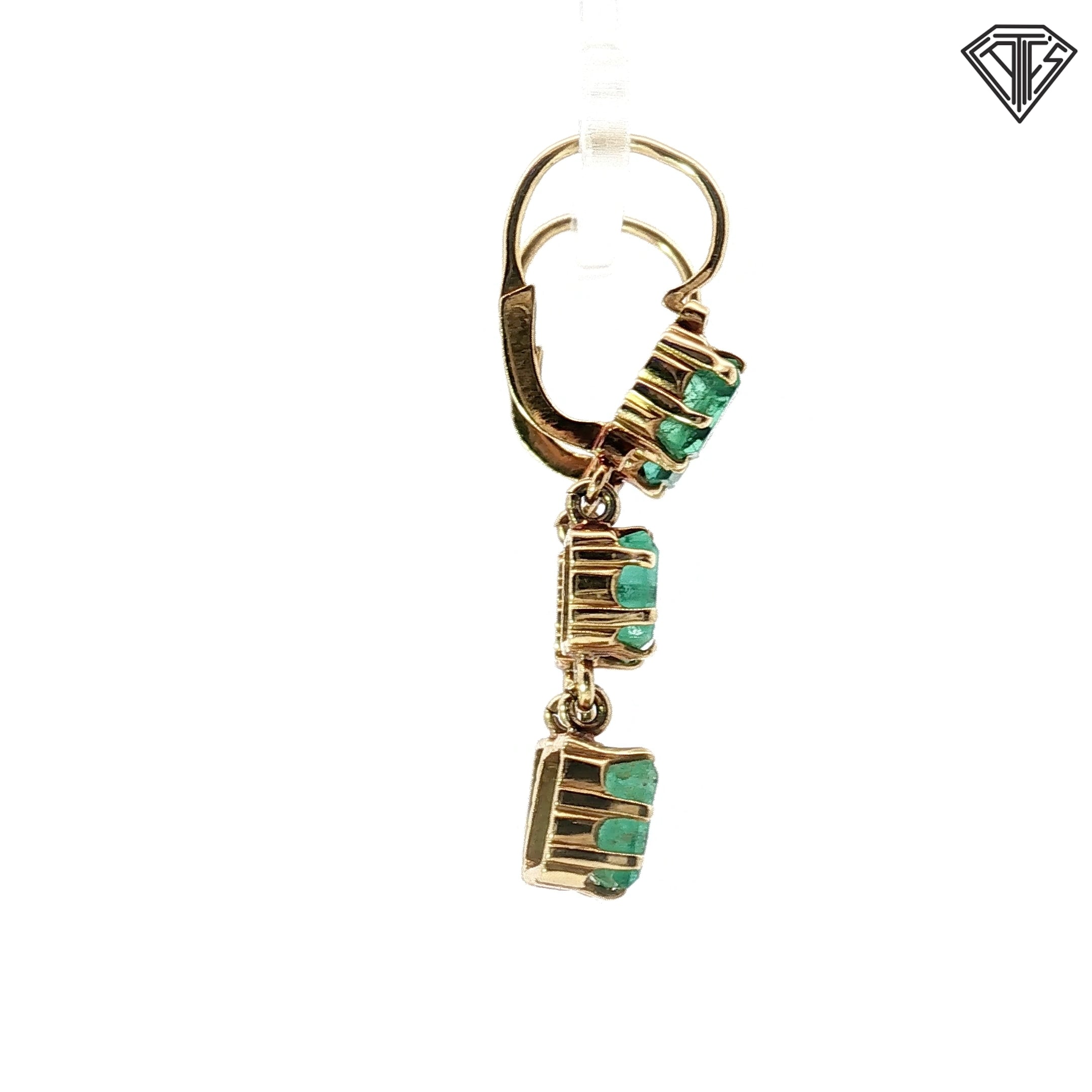 18k Yellow Gold 3.50ct Emerald Shape Emerald Dangle Earrings