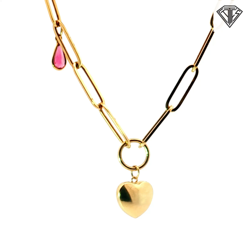 14k Yellow Gold Paper Clip with Gold Heart / Rectangular Garnet/ Pear Shape Pink Tourmaline Charms Necklace 18"inch 8.3 gram