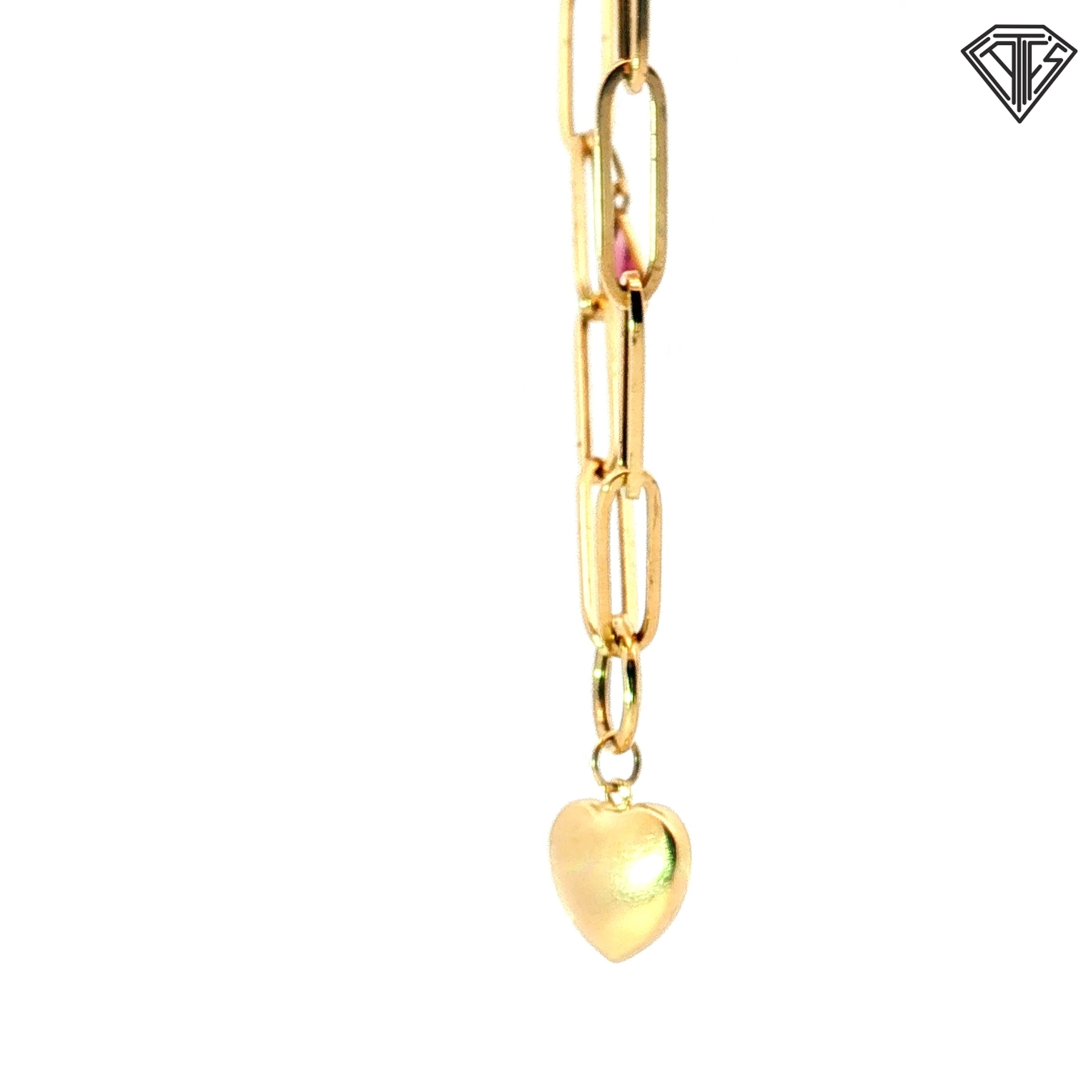 14k Yellow Gold Paper Clip with Gold Heart / Rectangular Garnet/ Pear Shape Pink Tourmaline Charms Necklace 18"inch 8.3 gram