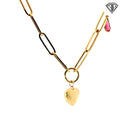 14k Yellow Gold Paper Clip with Gold Heart / Rectangular Garnet/ Pear Shape Pink Tourmaline Charms Necklace 18"inch 8.3 gram
