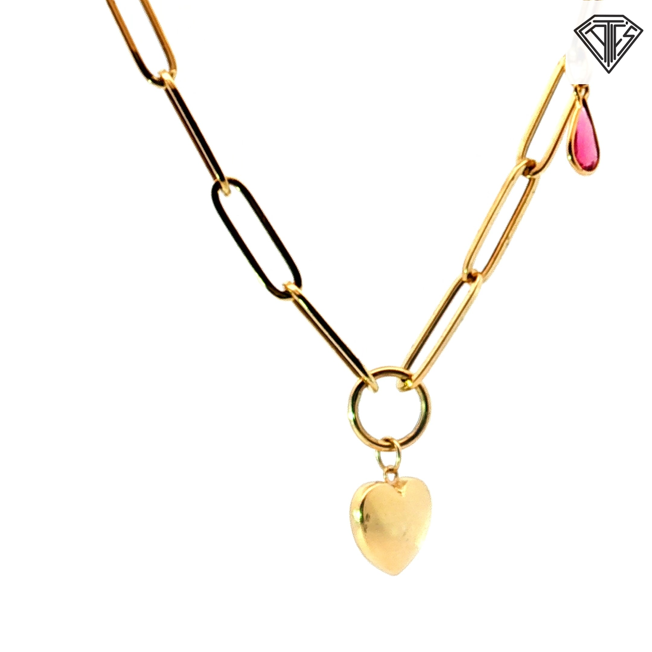 14k Yellow Gold Paper Clip with Gold Heart / Rectangular Garnet/ Pear Shape Pink Tourmaline Charms Necklace 18"inch 8.3 gram