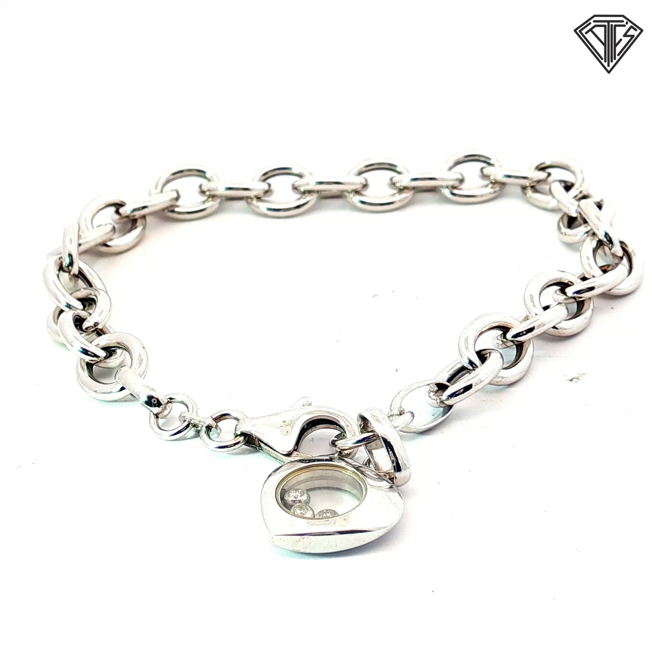 14k White Gold Open Link Bracelet with a Happy Diamond Heart Charm 8x10mm 8"inch