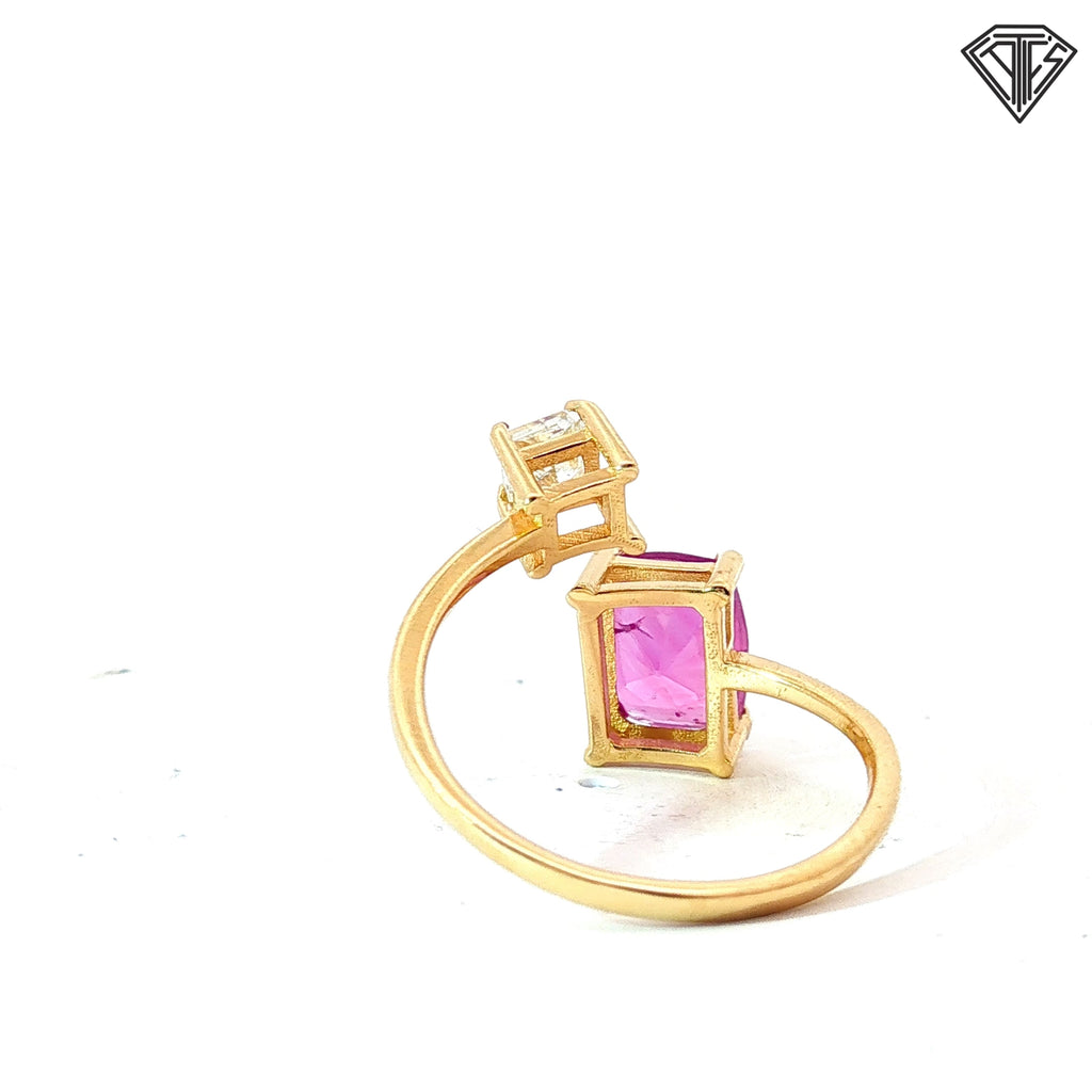 14k Yellow Gold 2.00ct Emerald Cut Pink Sapphire/ .25ct I SI1 Princess Cut Diamond Toi et Moi Ring Size 6