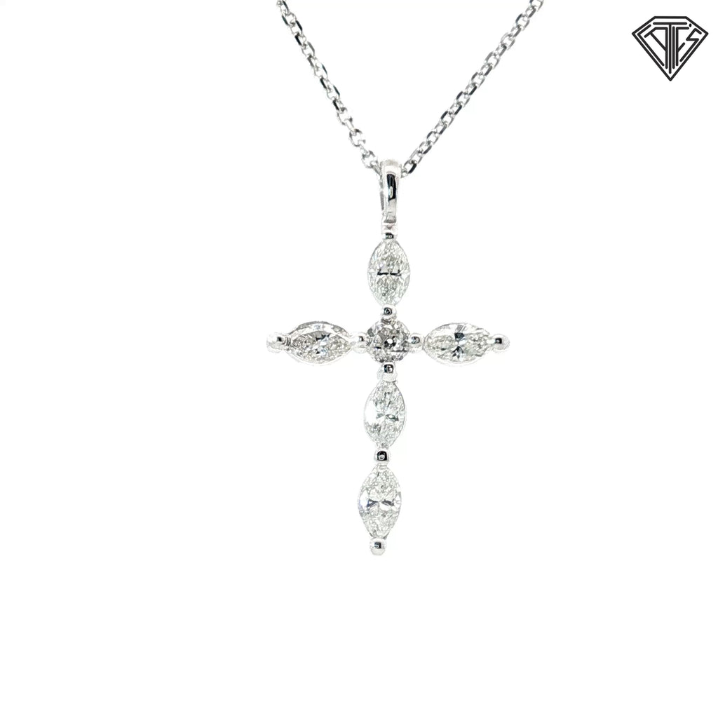 14k White Gold 1.00ct F VS2 /SI1 Marquise/ Round Diamond Cross Pendant 1 x 1/2" 18"inch