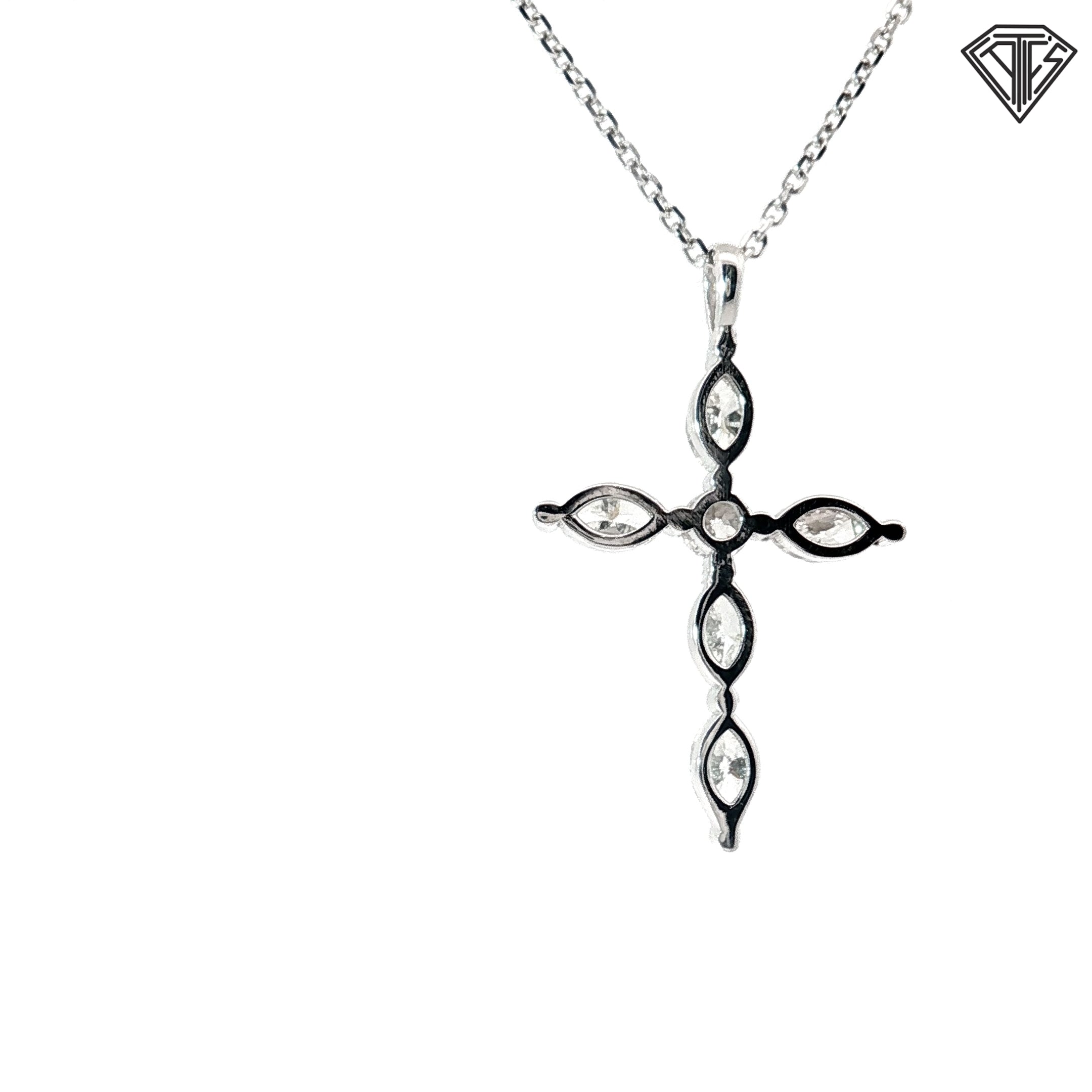 14k White Gold 1.00ct F VS2 /SI1 Marquise/ Round Diamond Cross Pendant 1 x 1/2" 18"inch