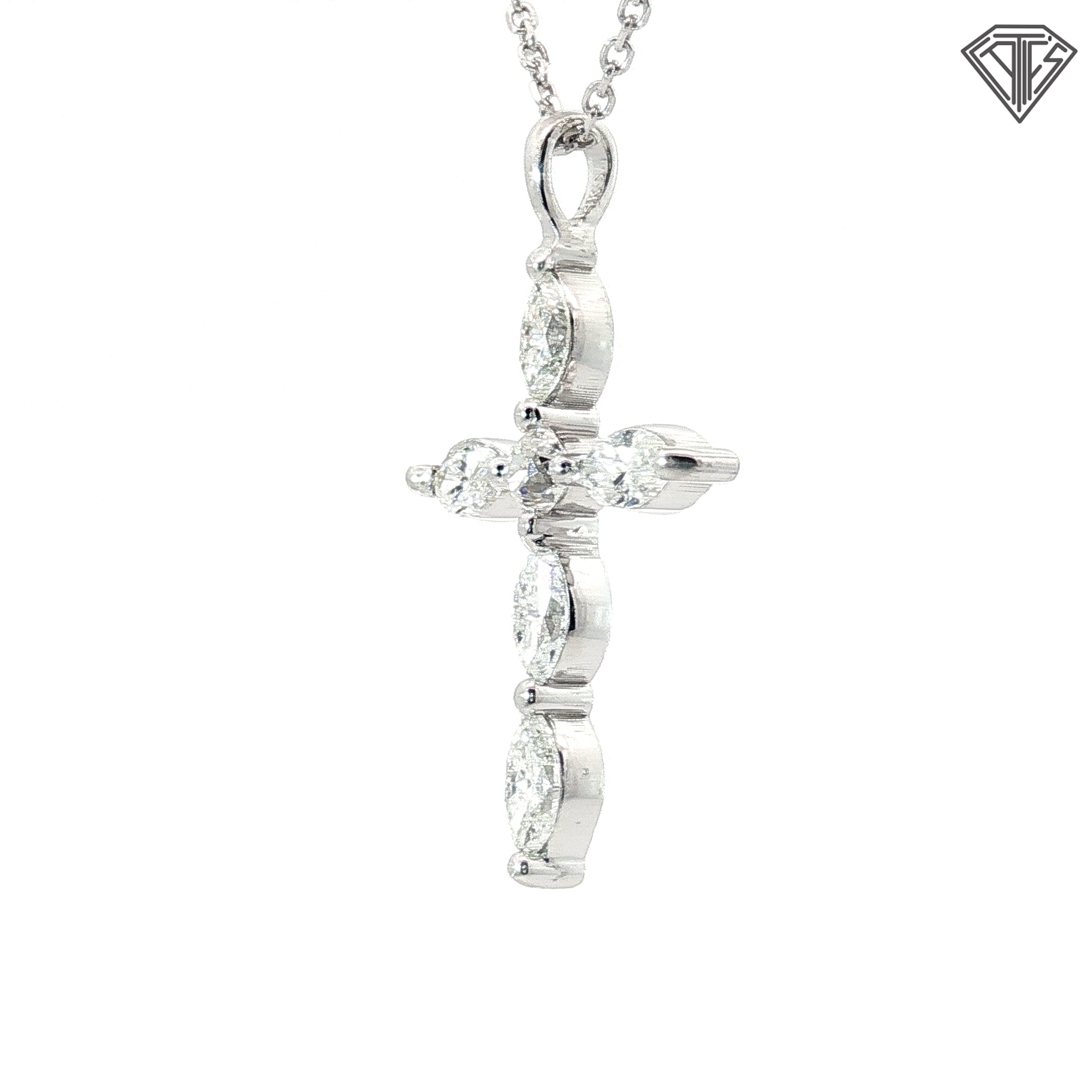 14k White Gold 1.00ct F VS2 /SI1 Marquise/ Round Diamond Cross Pendant 1 x 1/2" 18"inch