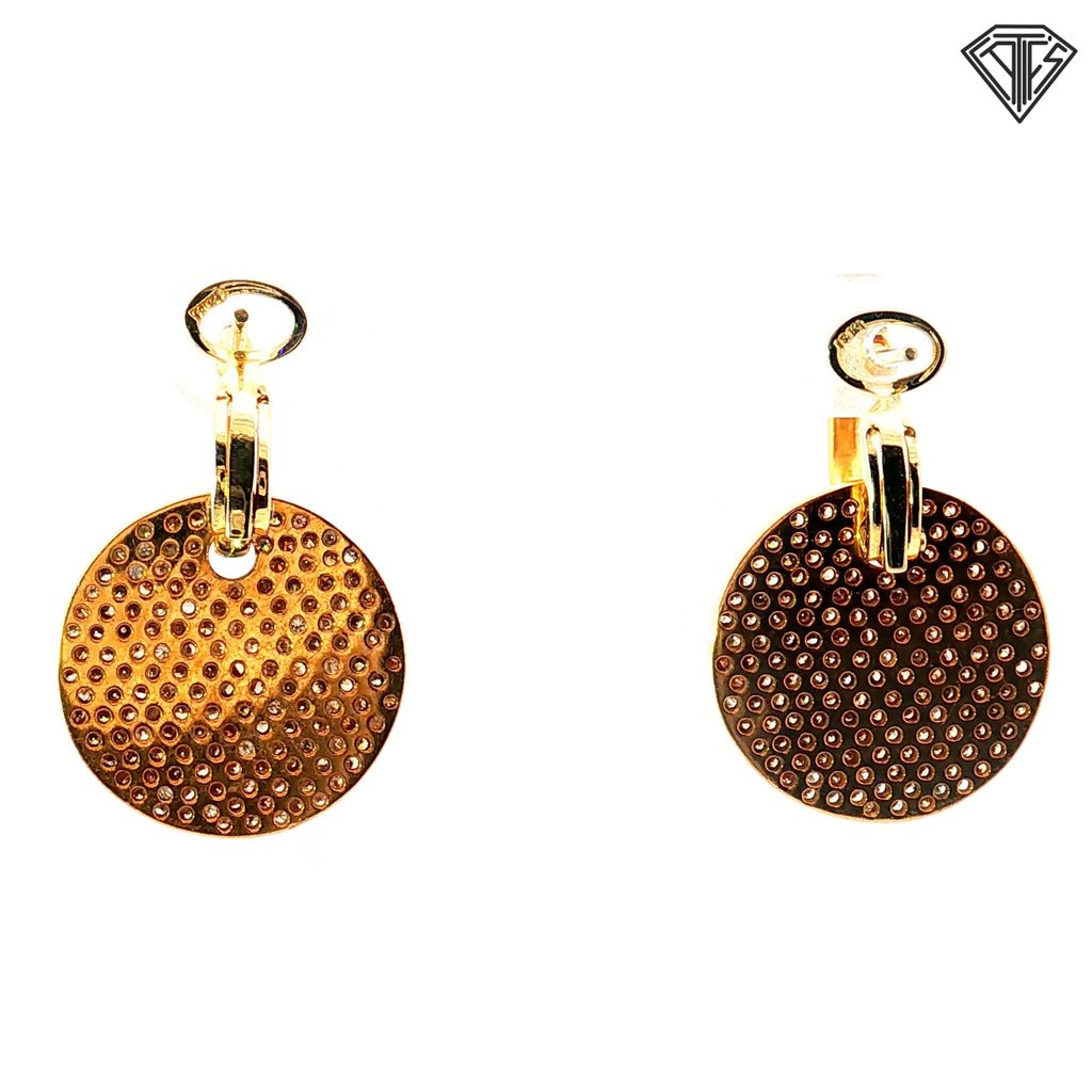 18k Yellow Gold 3.00ct Chocolate and White Round Diamond Disc Pave Drop Earrings 3/4"