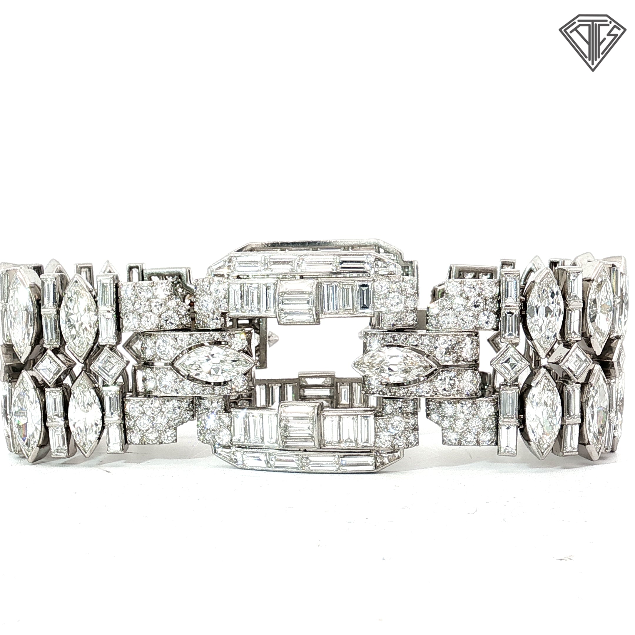 Platinum 42.50ct G -I VS2 Marquise, Carre Cut, Single Cut, Transit rial Round, Baguette and Tapered Baguette Diamond 1950's Wide Panel Bracelet 7"inch 94.9 gram