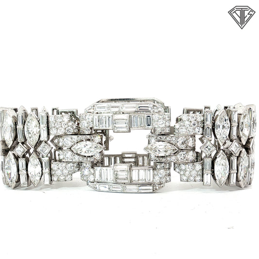 Platinum 42.50ct G -I VS2 Marquise, Carre Cut, Single Cut, Transit Rial Round, Baguette and Tapered Baguette Diamond 1950's Wide Panel Bracelet 7" 94.9 gram