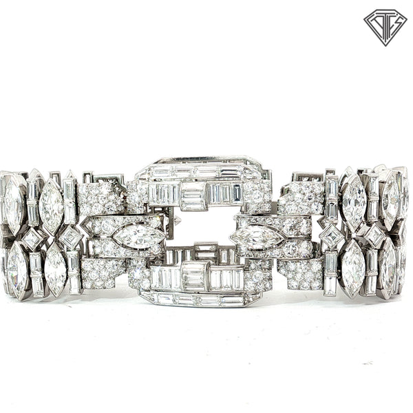 Platinum 42.50ct G -I VS2 Marquise, Carre Cut, Single Cut, Transit Rial Round, Baguette and Tapered Baguette Diamond 1950's Wide Panel Bracelet 7" 94.9 gram