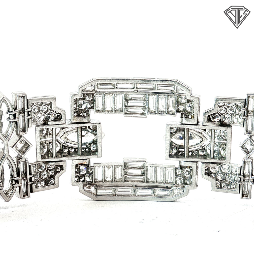 Platinum 42.50ct G -I VS2 Marquise, Carre Cut, Single Cut, Transit rial Round, Baguette and Tapered Baguette Diamond 1950's Wide Panel Bracelet 7"inch 94.9 gram