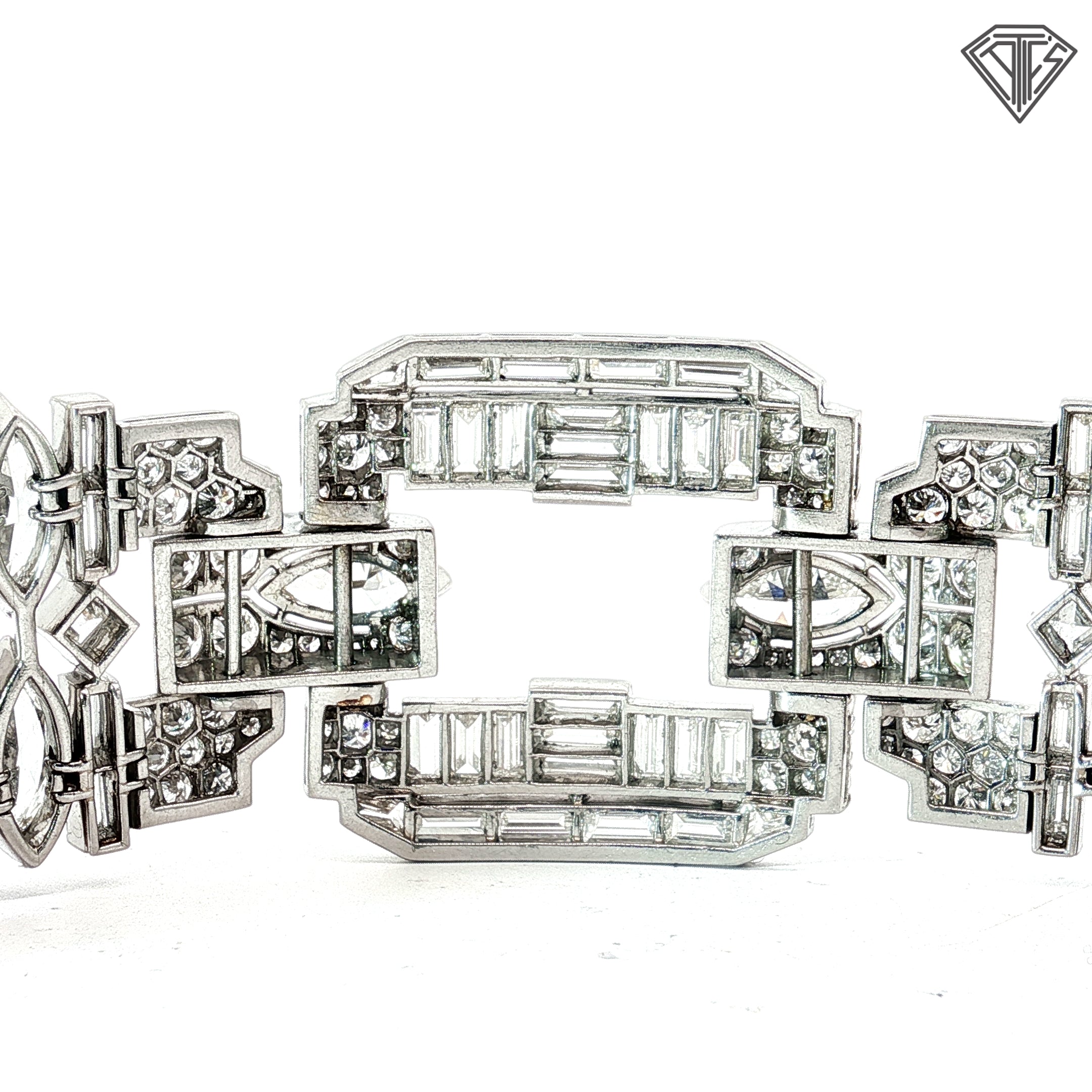 Platinum 42.50ct G -I VS2 Marquise, Carre Cut, Single Cut, Transit rial Round, Baguette and Tapered Baguette Diamond 1950's Wide Panel Bracelet 7"inch 94.9 gram