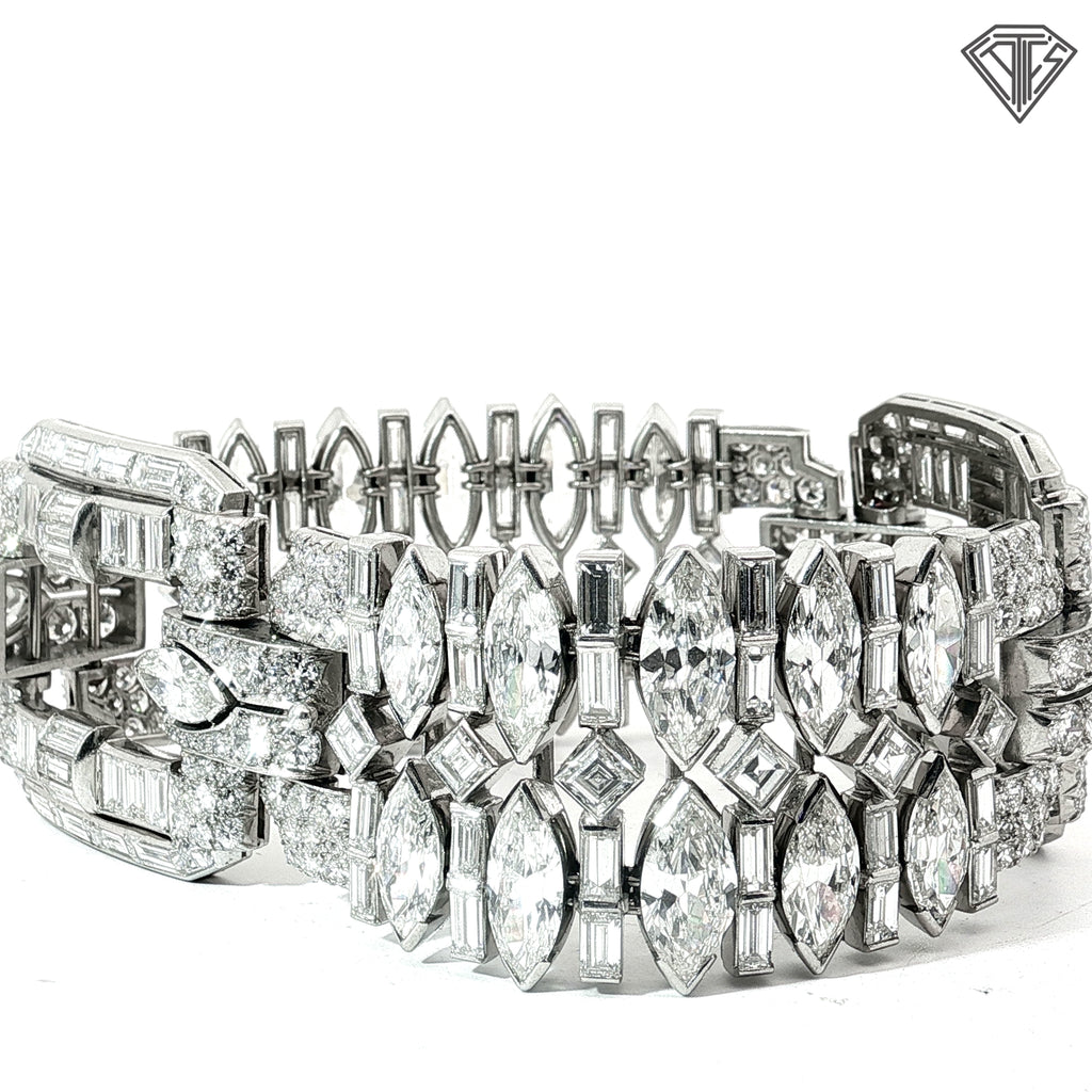 Platinum 42.50ct G -I VS2 Marquise, Carre Cut, Single Cut, Transit rial Round, Baguette and Tapered Baguette Diamond 1950's Wide Panel Bracelet 7"inch 94.9 gram