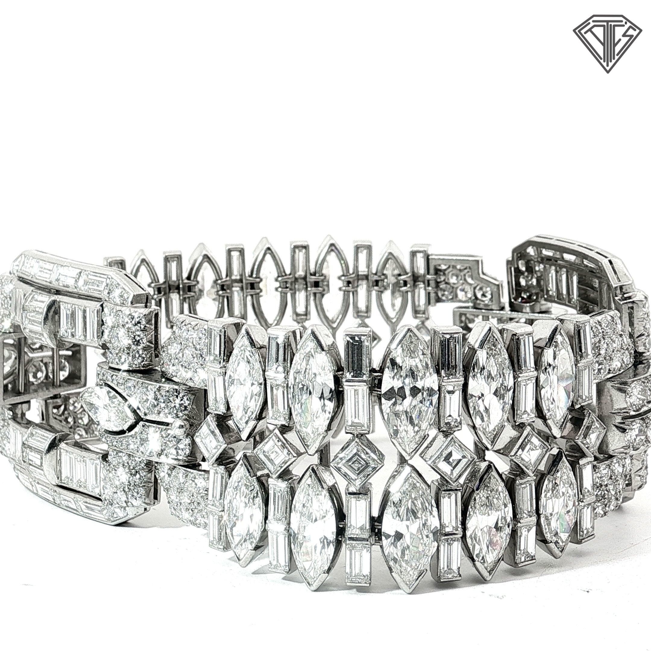 Platinum 42.50ct G -I VS2 Marquise, Carre Cut, Single Cut, Transit rial Round, Baguette and Tapered Baguette Diamond 1950's Wide Panel Bracelet 7"inch 94.9 gram