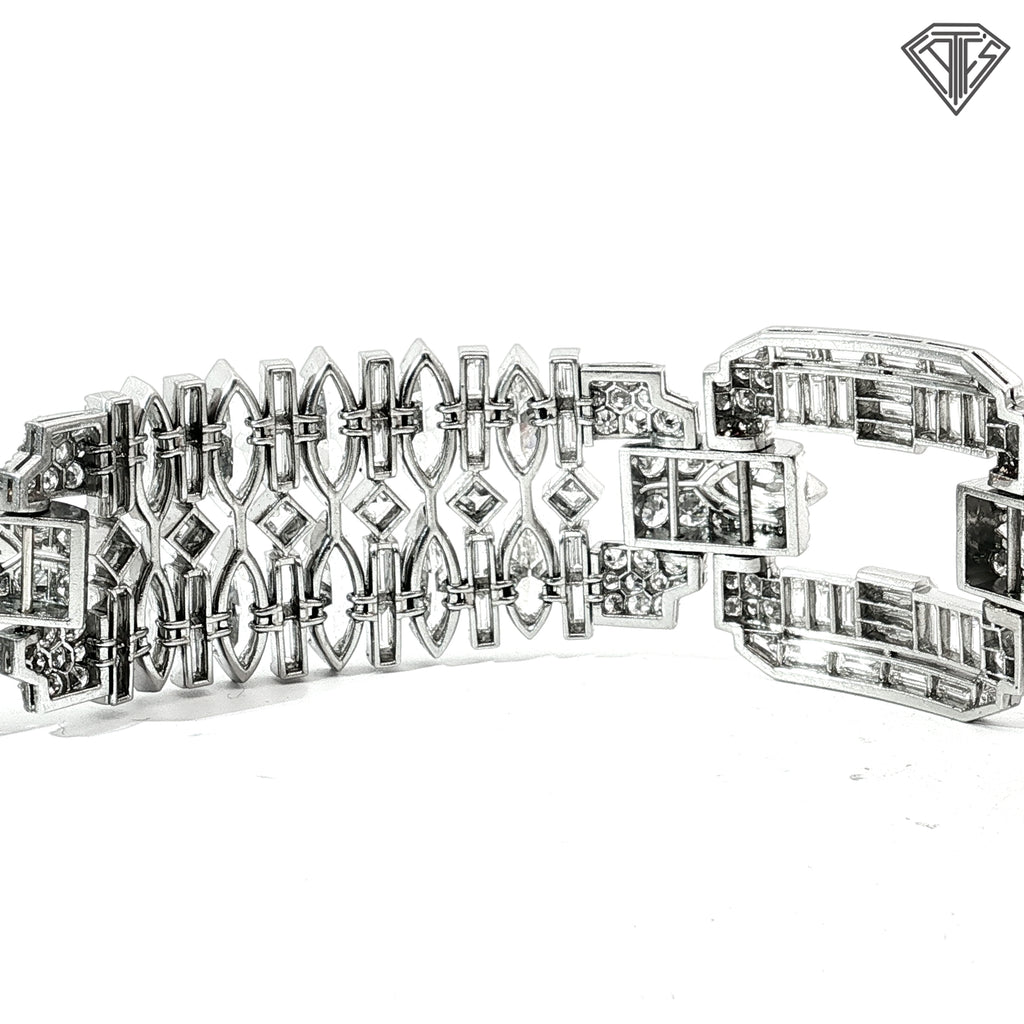 Platinum 42.50ct G -I VS2 Marquise, Carre Cut, Single Cut, Transit rial Round, Baguette and Tapered Baguette Diamond 1950's Wide Panel Bracelet 7"inch 94.9 gram