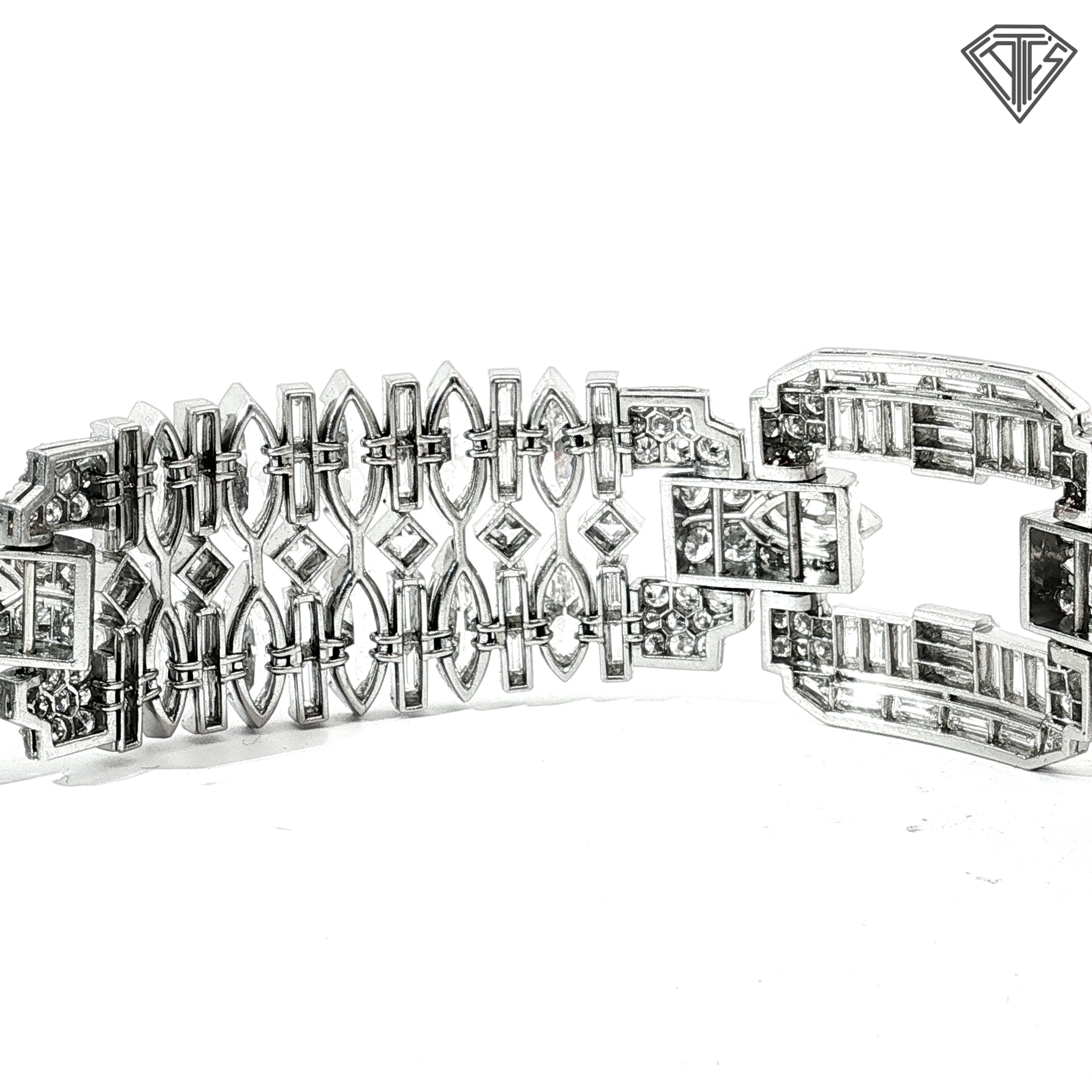 Platinum 42.50ct G -I VS2 Marquise, Carre Cut, Single Cut, Transit rial Round, Baguette and Tapered Baguette Diamond 1950's Wide Panel Bracelet 7"inch 94.9 gram