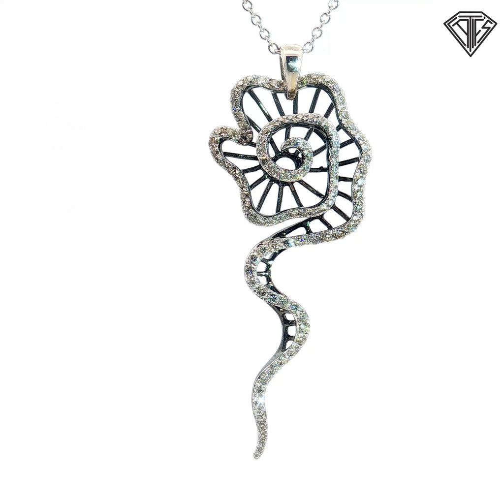 14k White Gold .40ct G SI1 Round Diamond with Black Enamel Swirl Flower Pendant Necklace