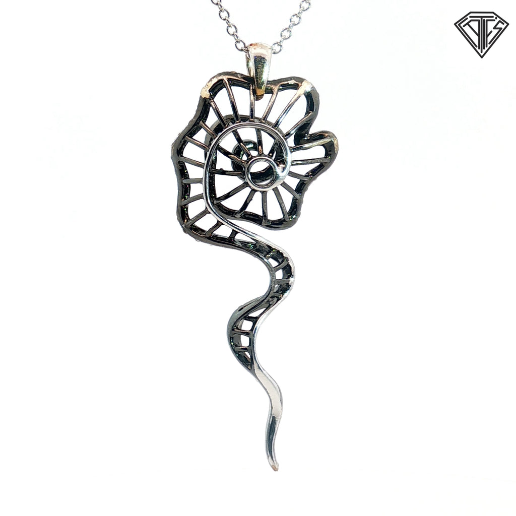 14k White Gold .40ct G SI1 Round Diamond with Black Enamel Swirl Flower Pendant Necklace