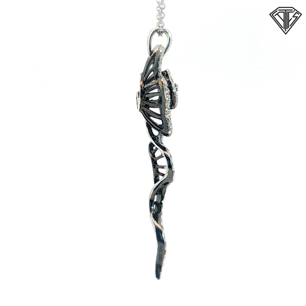 14k White Gold .40ct G SI1 Round Diamond with Black Enamel Swirl Flower Pendant Necklace