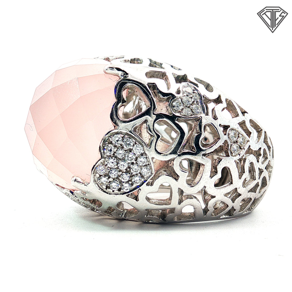 18k White Gold .50ct F VS2 15m x 15m Checkerboard Rose Quartz Pave Heart Domed Ring 18.7 gram Size 7
