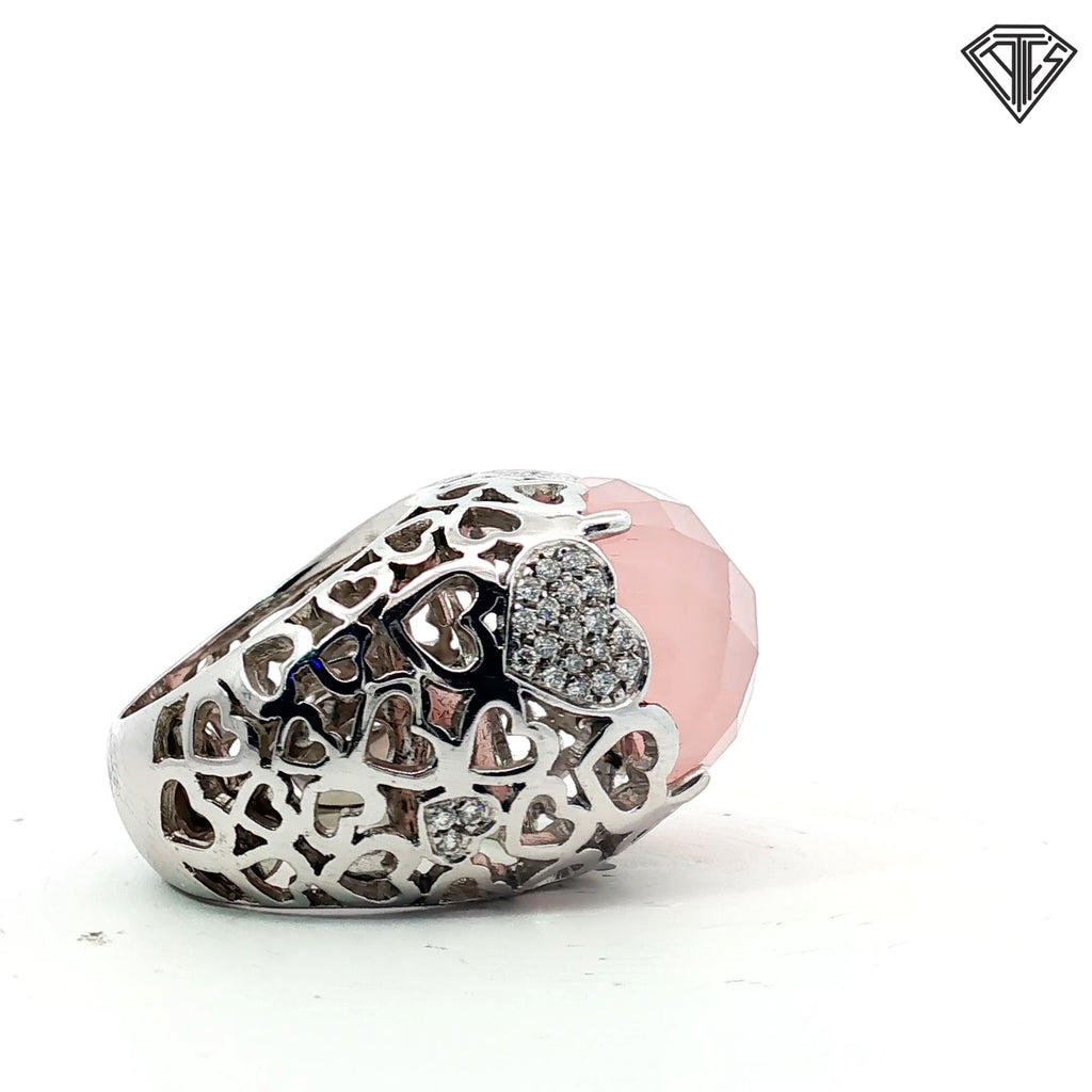 18k White Gold .50ct F VS2 15m x 15m Checkerboard Rose Quartz Pave Heart Domed Ring 18.7 gram Size 7