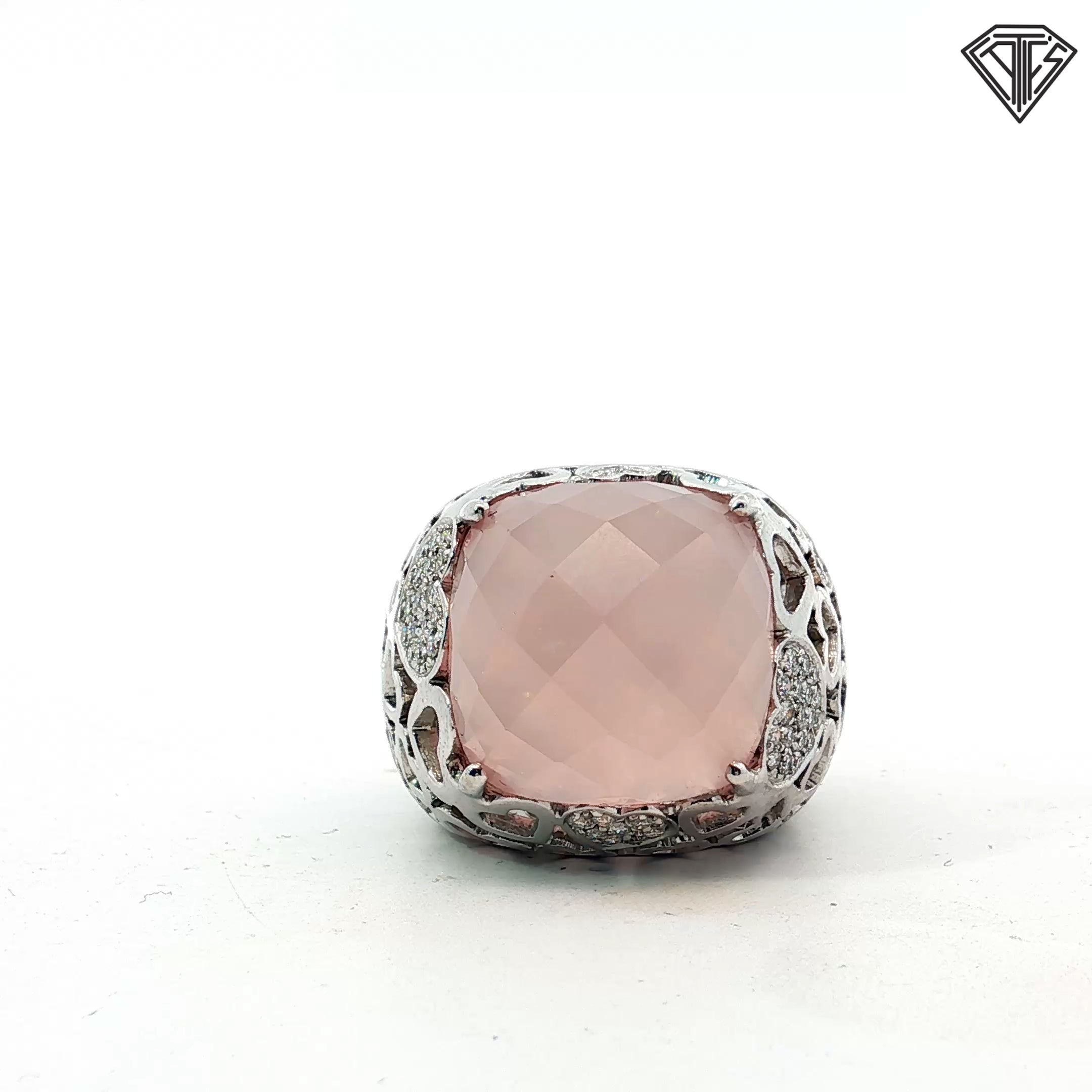18k White Gold .50ct F VS2 15m x 15m Checkerboard Rose Quartz Pave Heart Domed Ring 18.7 gram Size 7