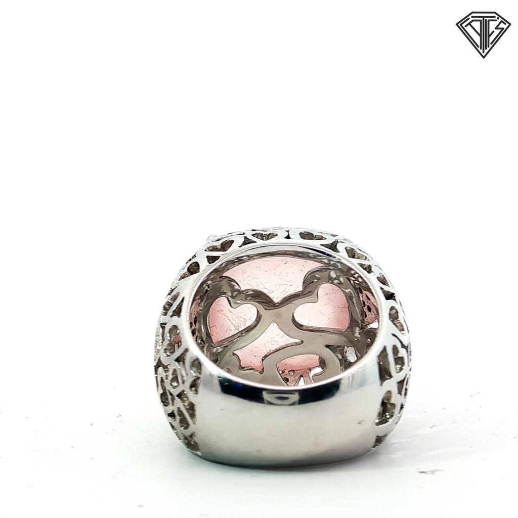 18k White Gold .50ct F VS2 15m x 15m Checkerboard Rose Quartz Pave Heart Domed Ring 18.7 gram Size 7