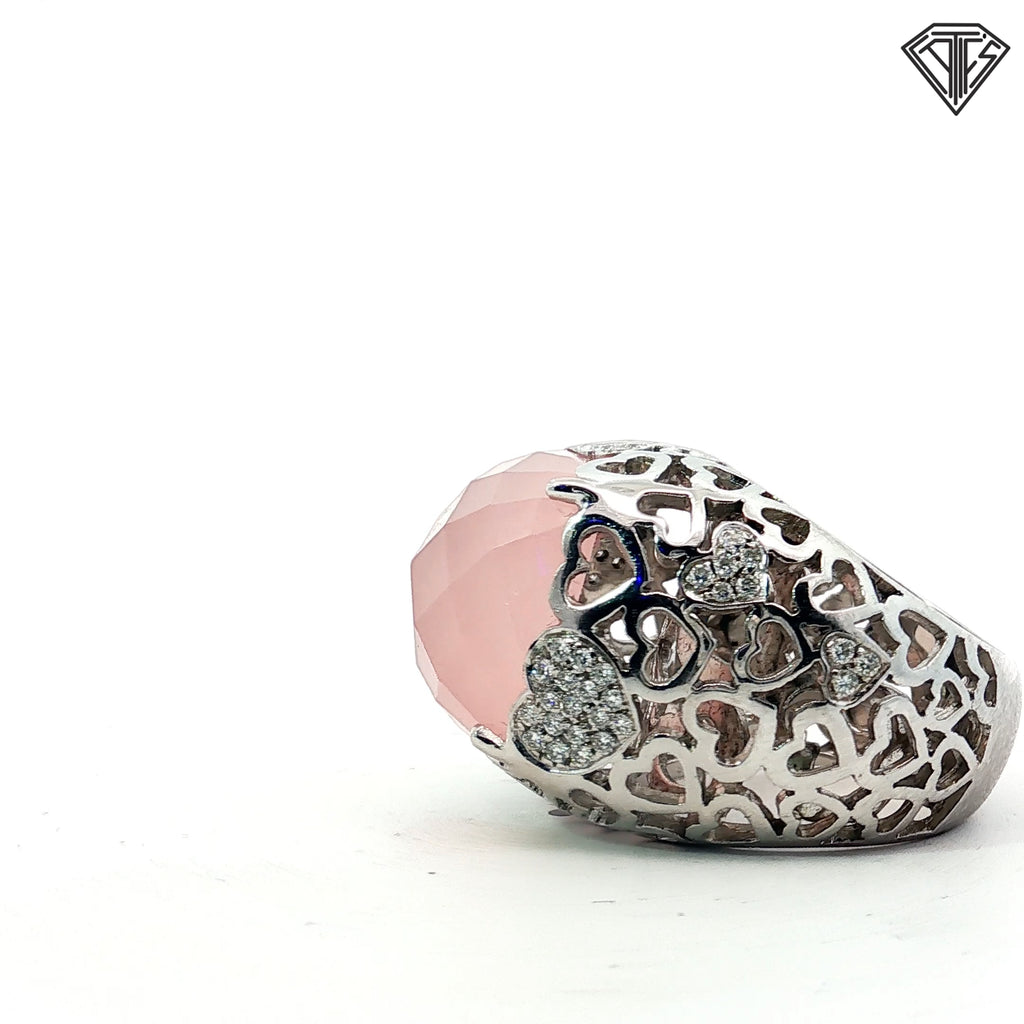 18k White Gold .50ct F VS2 15m x 15m Checkerboard Rose Quartz Pave Heart Domed Ring 18.7 gram Size 7