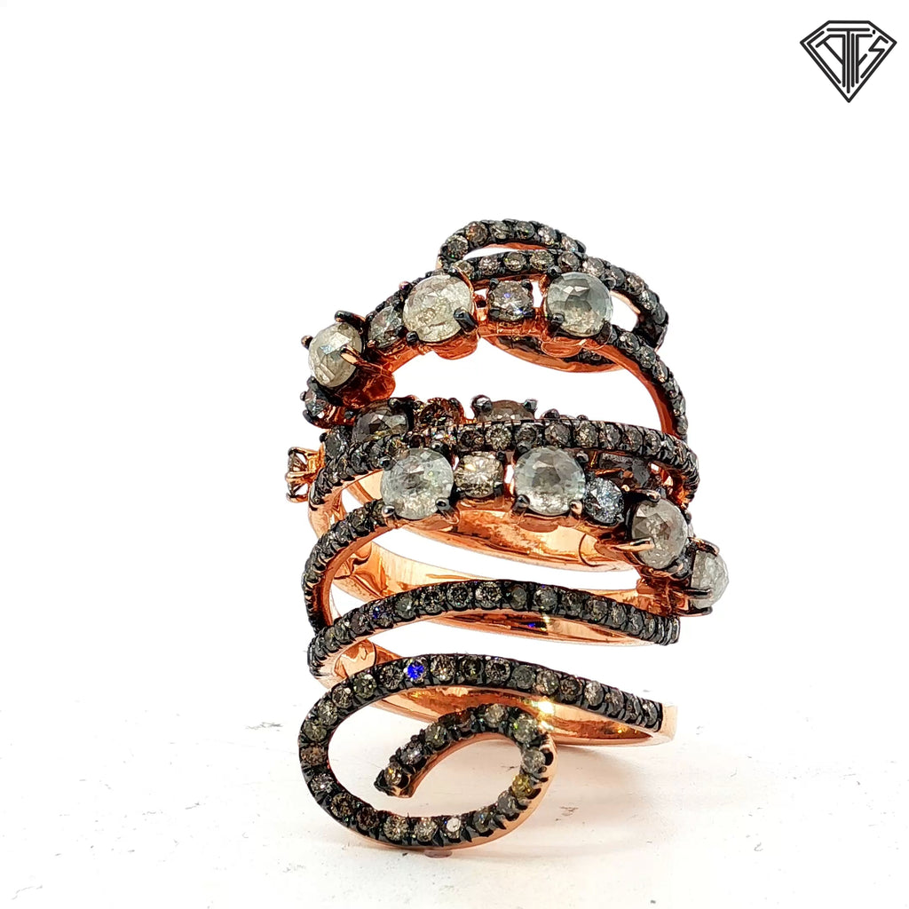 18k Rose Gold 3.00ct Round champagne Rough Diamond/ 1.50ct Round Chocolate Diamond Flexible Knuckle Finger Ring 20 gram Size 7. 5