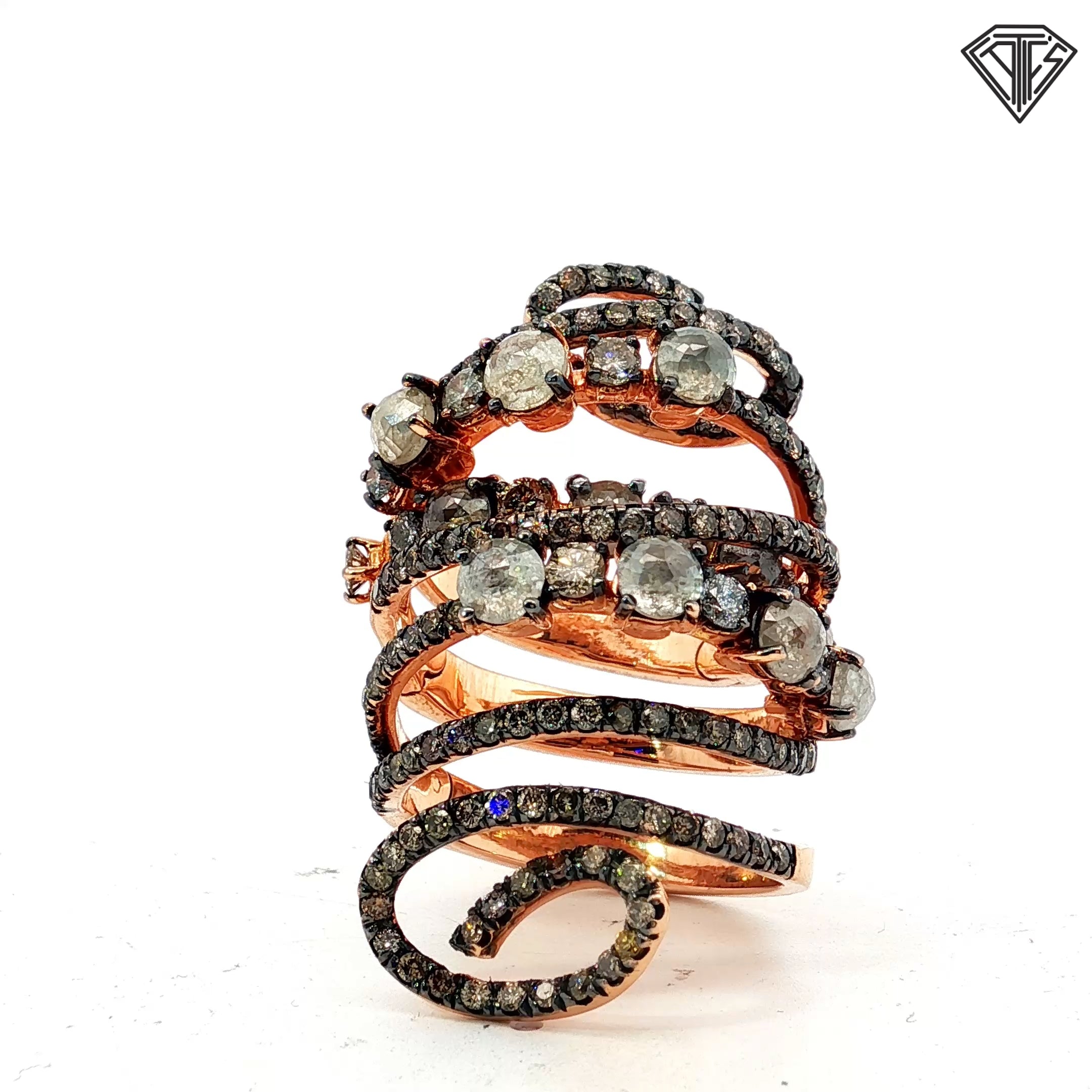 18k Rose Gold 3.00ct Round champagne Rough Diamond/ 1.50ct Round Chocolate Diamond Flexible Knuckle Finger Ring 20 gram Size 7. 5