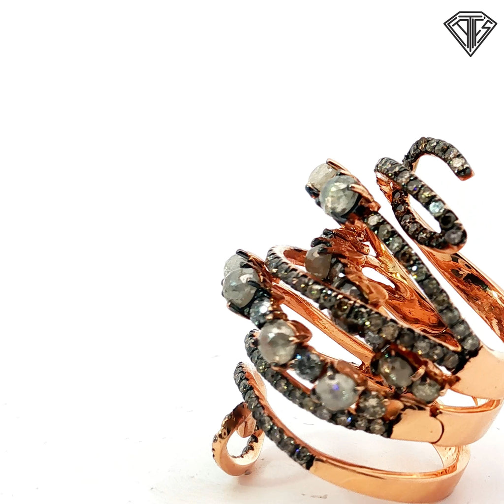 18k Rose Gold 3.00ct Round champagne Rough Diamond/ 1.50ct Round Chocolate Diamond Flexible Knuckle Finger Ring 20 gram Size 7. 5