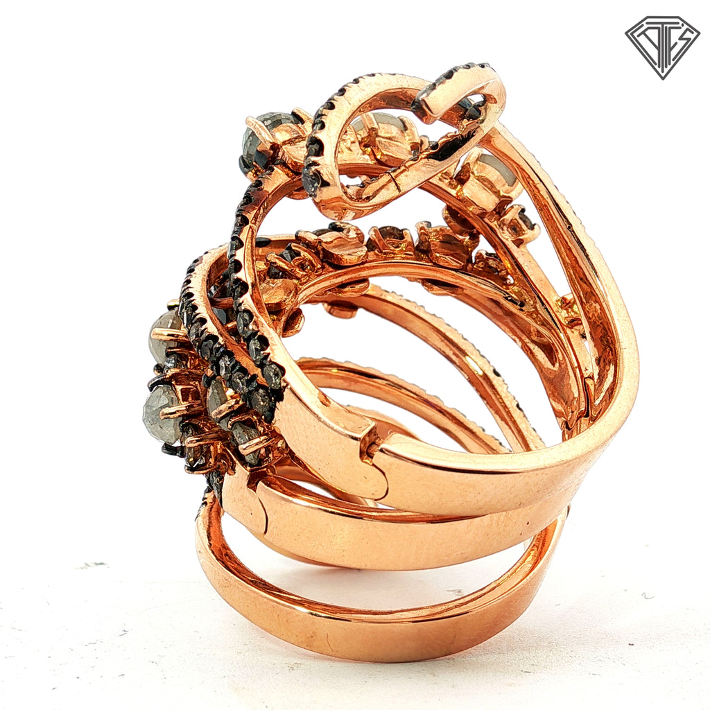 18k Rose Gold 3.00ct Round champagne Rough Diamond/ 1.50ct Round Chocolate Diamond Flexible Knuckle Finger Ring 20 gram Size 7. 5