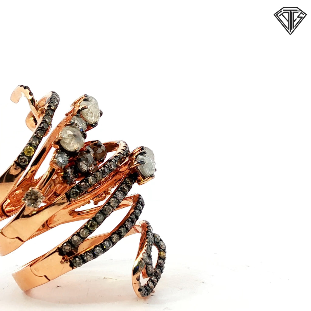 18k Rose Gold 3.00ct Round champagne Rough Diamond/ 1.50ct Round Chocolate Diamond Flexible Knuckle Finger Ring 20 gram Size 7. 5