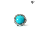 18k White Gold 1.00ct F VS2 Round White Diamond/ 1.28ct Round Chocolate Diamond Pave Round / Round Turquoise Ring 14.5mm 13 gram Size 7