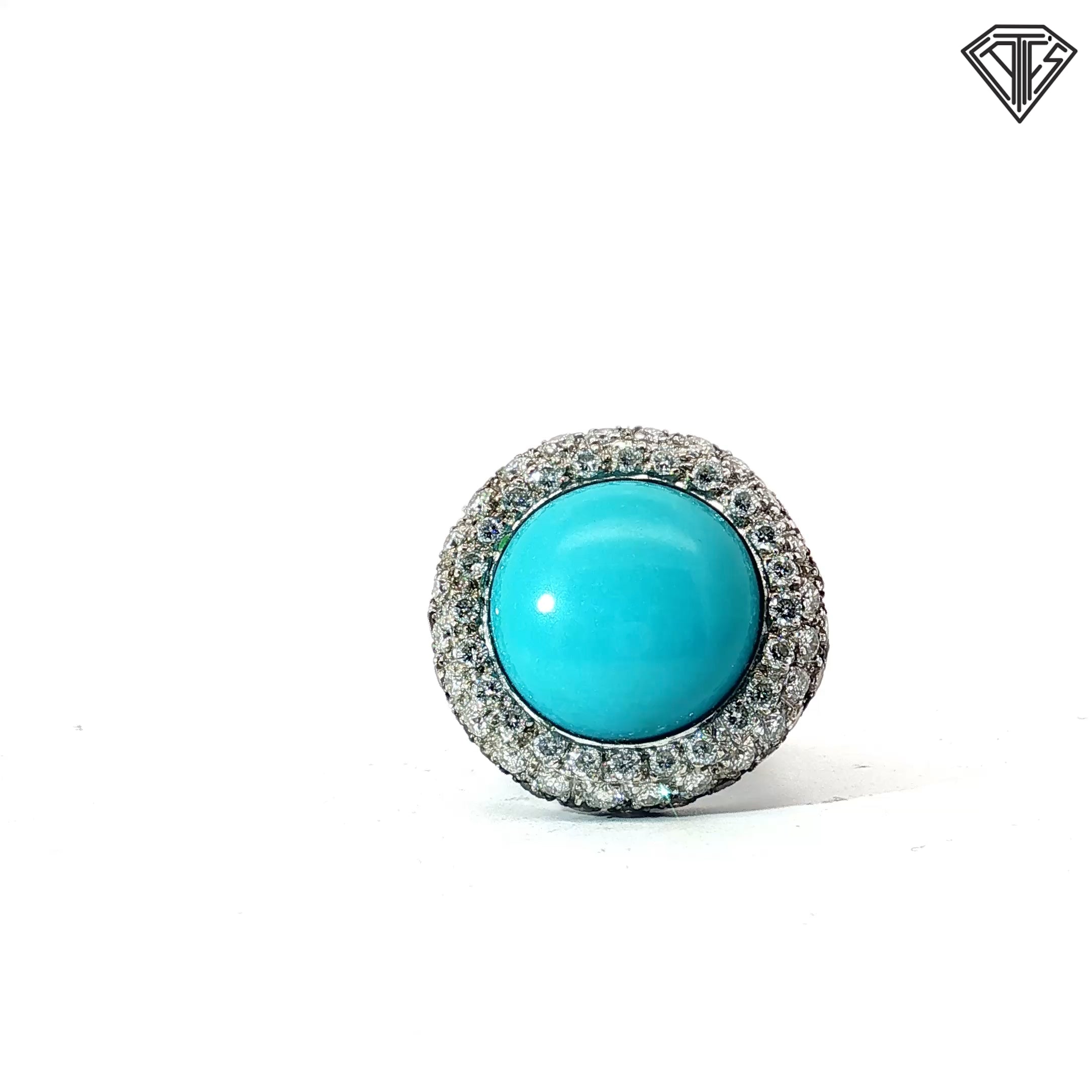 18k White Gold 1.00ct F VS2 Round White Diamond/ 1.28ct Round Chocolate Diamond Pave Round / Round Turquoise Ring 14.5mm 13 gram Size 7