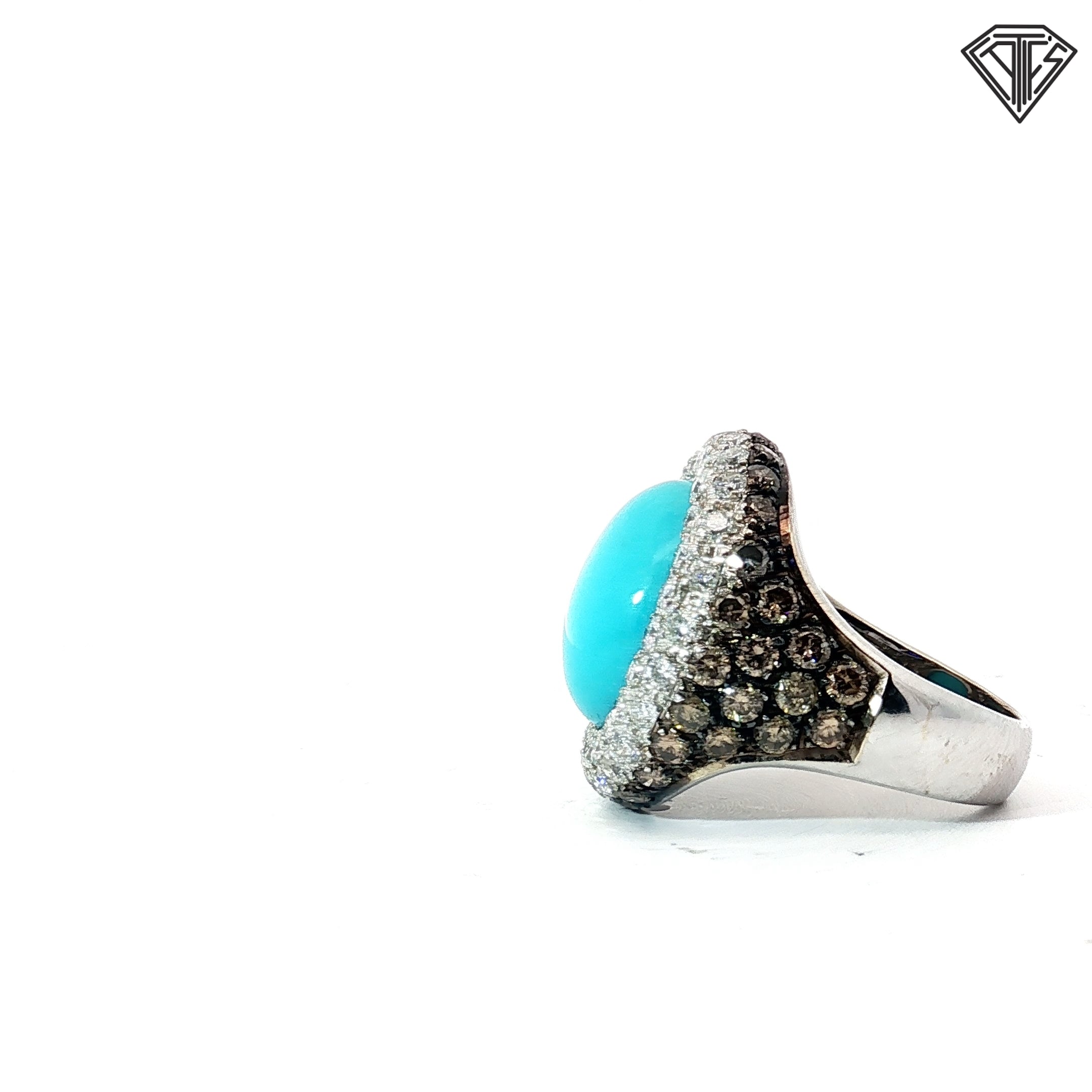 18k White Gold 1.00ct F VS2 Round White Diamond/ 1.28ct Round Chocolate Diamond Pave Round / Round Turquoise Ring 14.5mm 13 gram Size 7