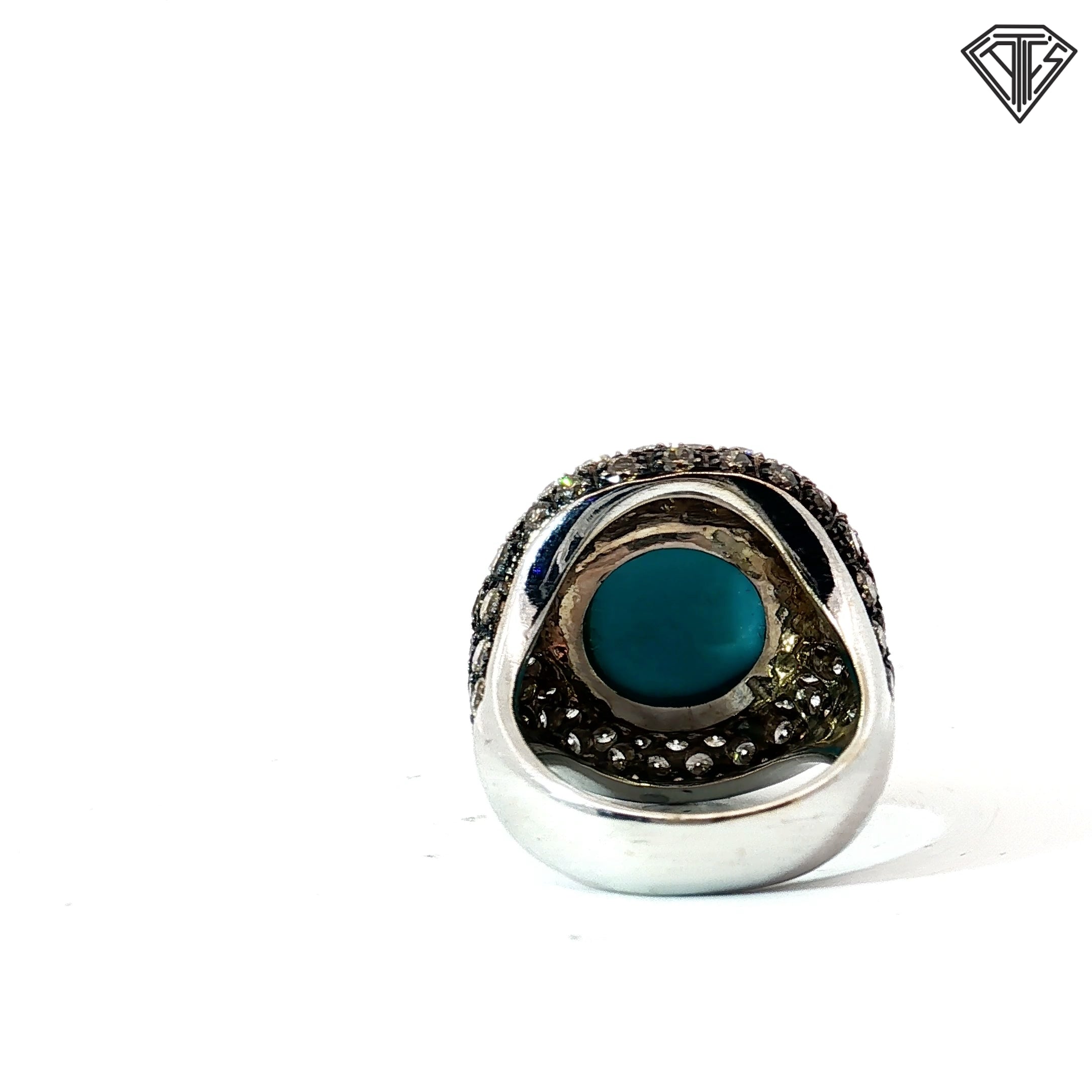 18k White Gold 1.00ct F VS2 Round White Diamond/ 1.28ct Round Chocolate Diamond Pave Round / Round Turquoise Ring 14.5mm 13 gram Size 7
