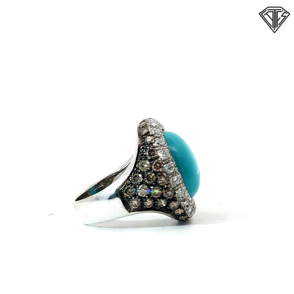 18k White Gold 1.00ct F VS2 Round White Diamond/ 1.28ct Round Chocolate Diamond Pave Round / Round Turquoise Ring 14.5mm 13 gram Size 7