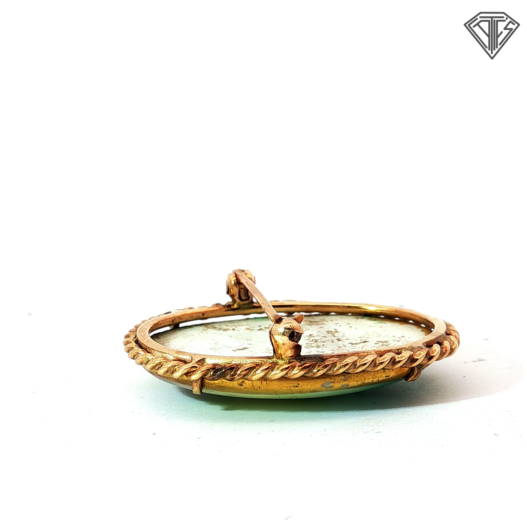 12k Yellow Gold Vintage Victorian Style Porcelain Hand Painted Brooch Set in a Twisted Rope Frame