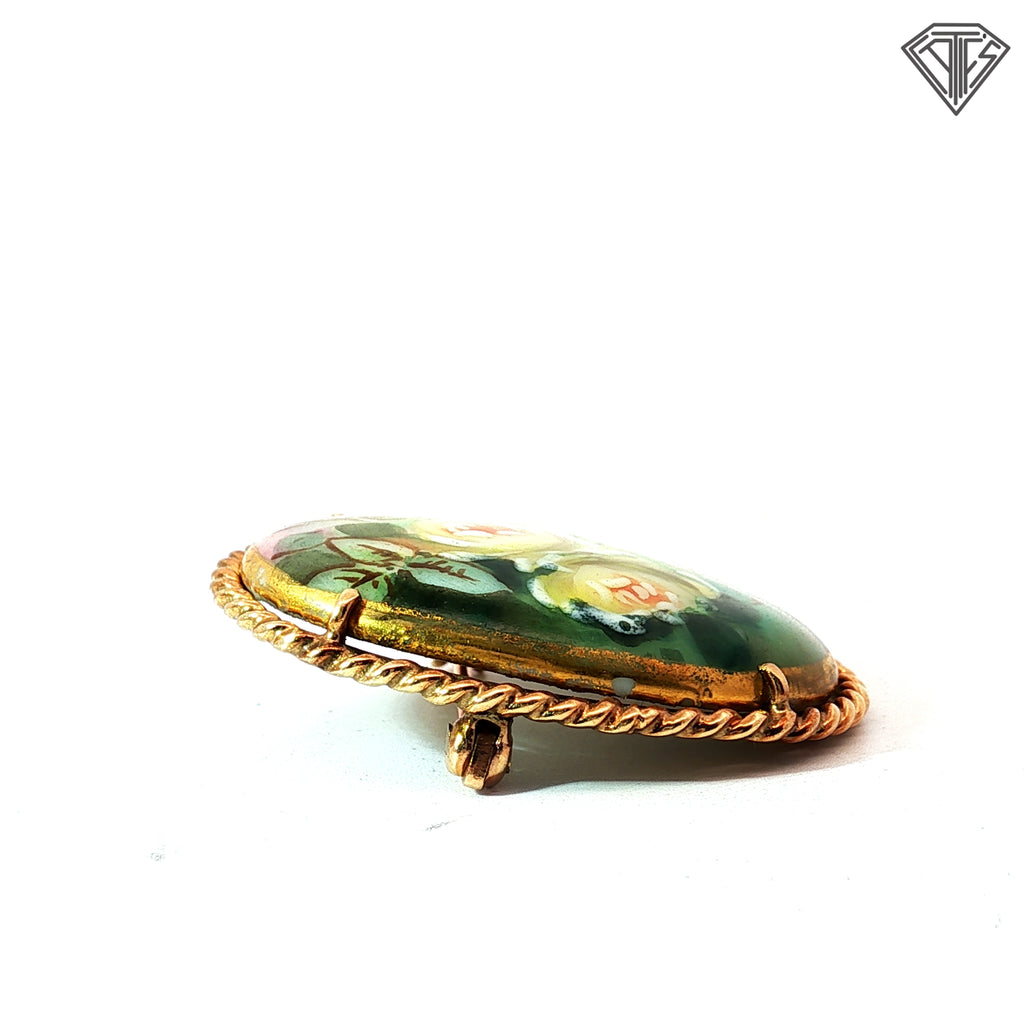 12k Yellow Gold Vintage Victorian Style Porcelain Hand Painted Brooch Set in a Twisted Rope Frame