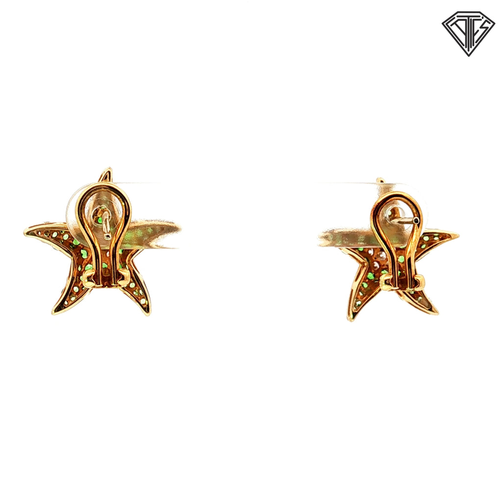18k Yellow Gold 1.00ct Green Tsavorite /.15ct F VS2 Round Diamond Starfish Omega Back Earrings 4.8 gram 5/8"inch
