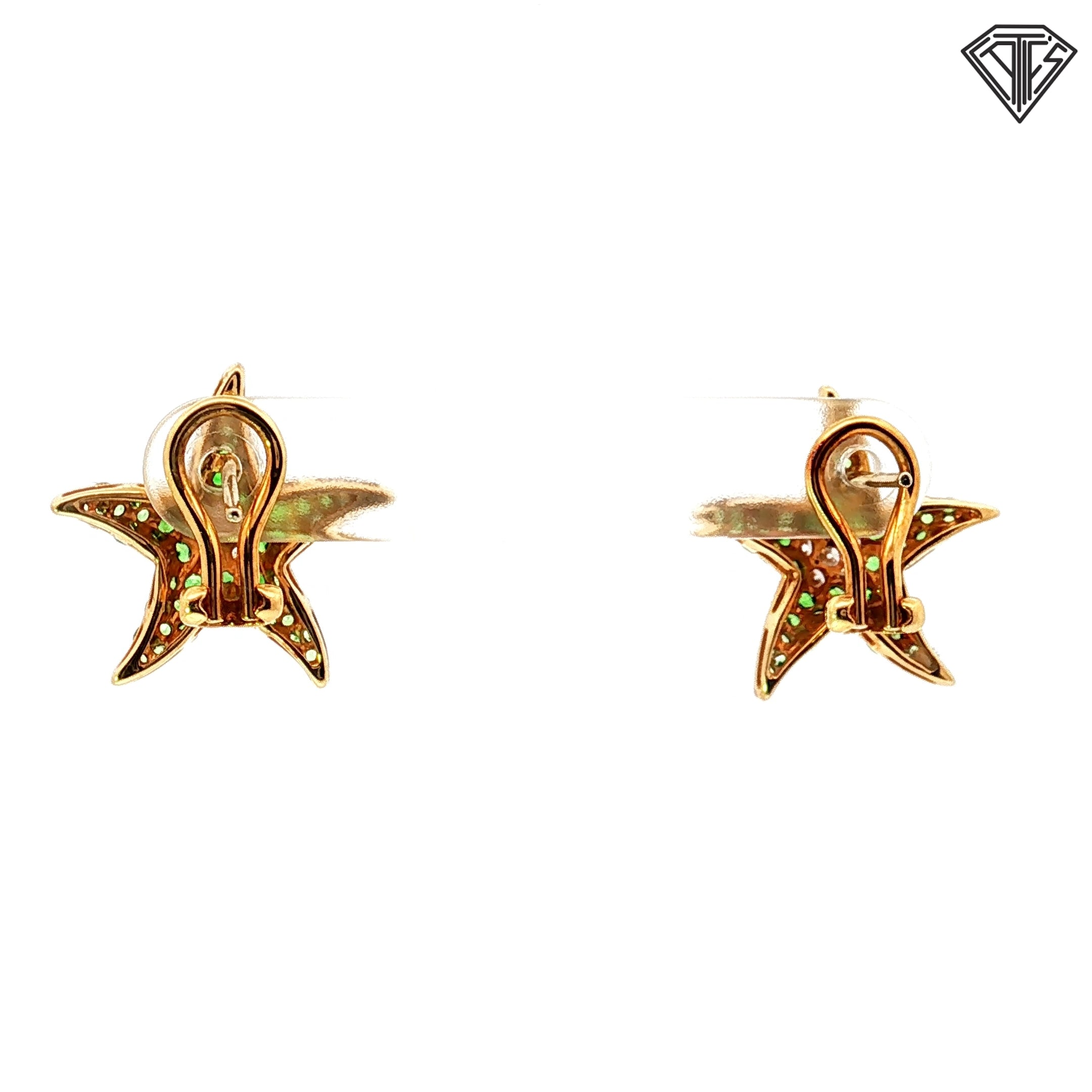 18k Yellow Gold 1.00ct Green Tsavorite /.15ct F VS2 Round Diamond Starfish Omega Back Earrings 4.8 gram 5/8"inch