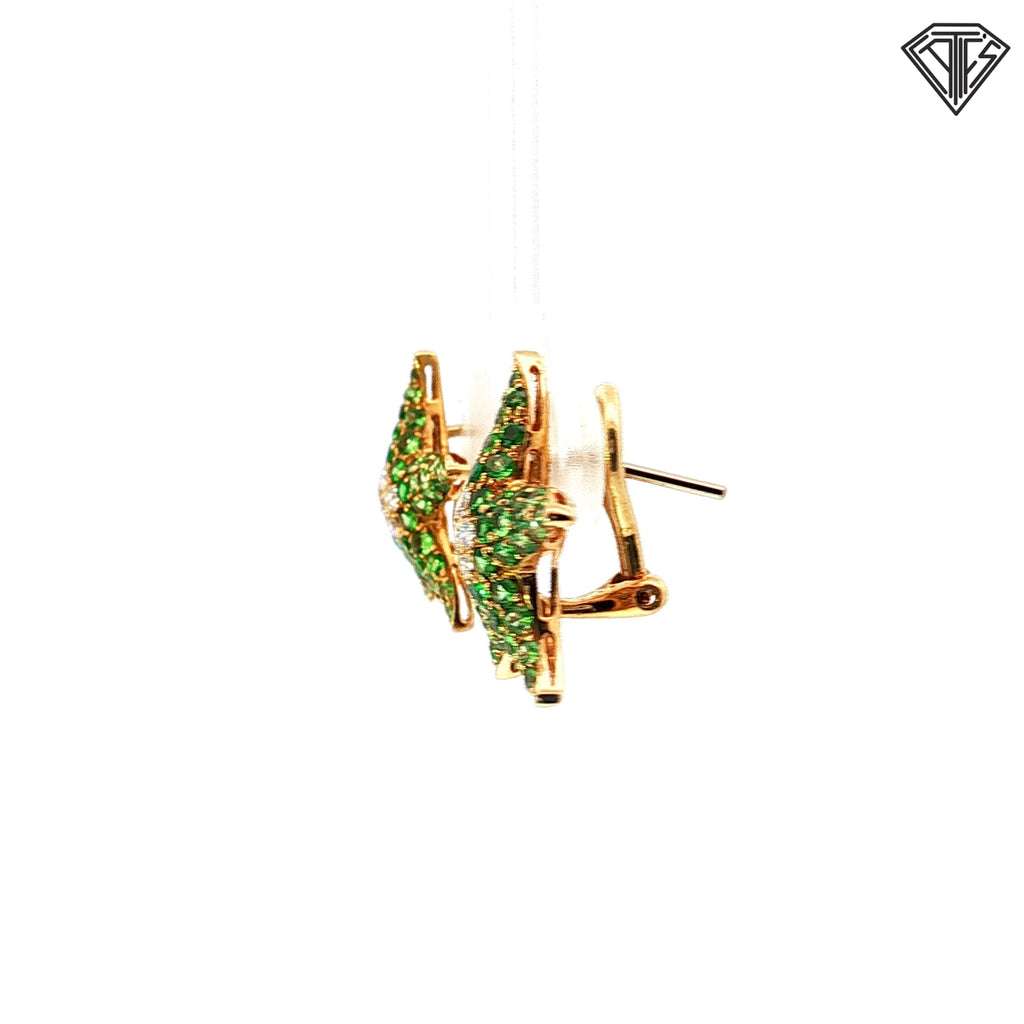 18k Yellow Gold 1.00ct Green Tsavorite /.15ct F VS2 Round Diamond Starfish Omega Back Earrings 4.8 gram 5/8"inch
